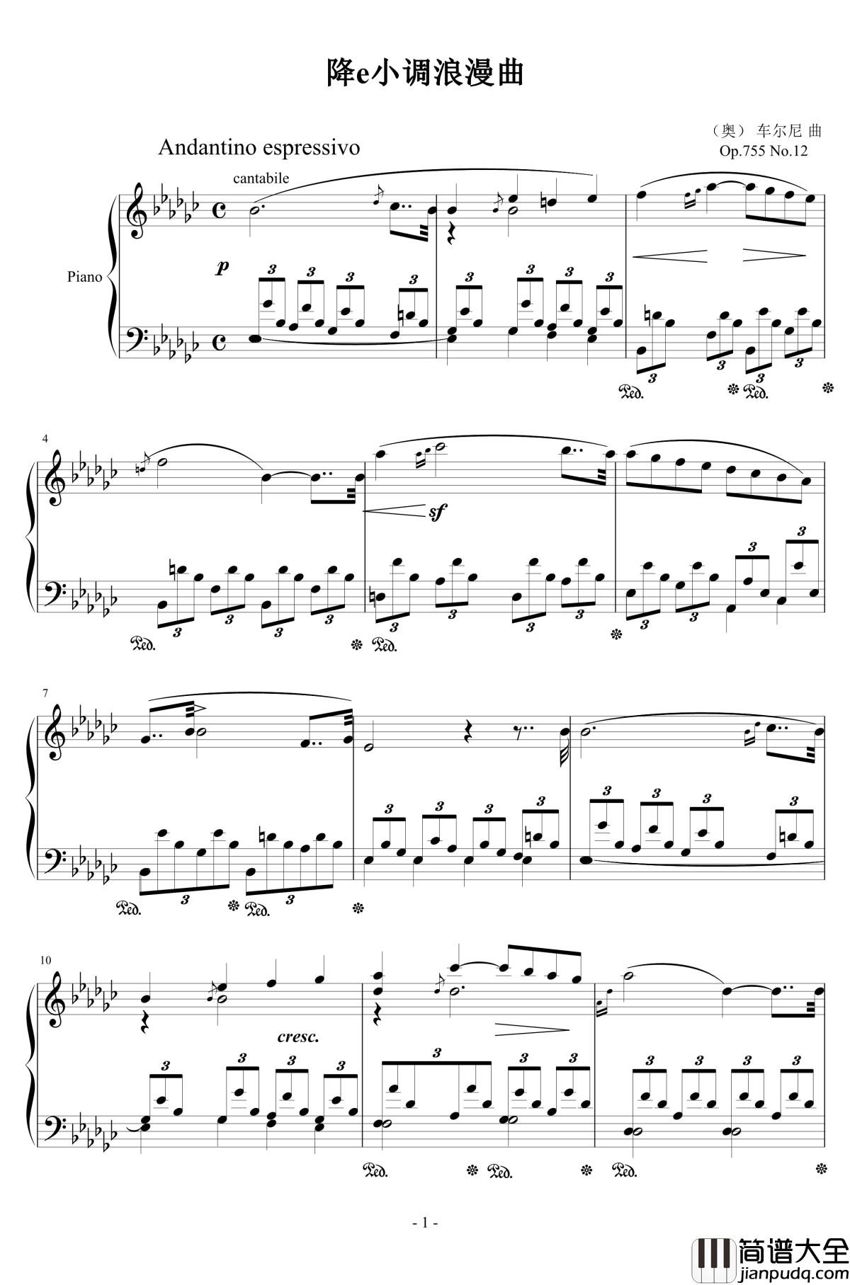 降e小调浪漫曲钢琴谱_Op.755__No.12_车尔尼_Czerny