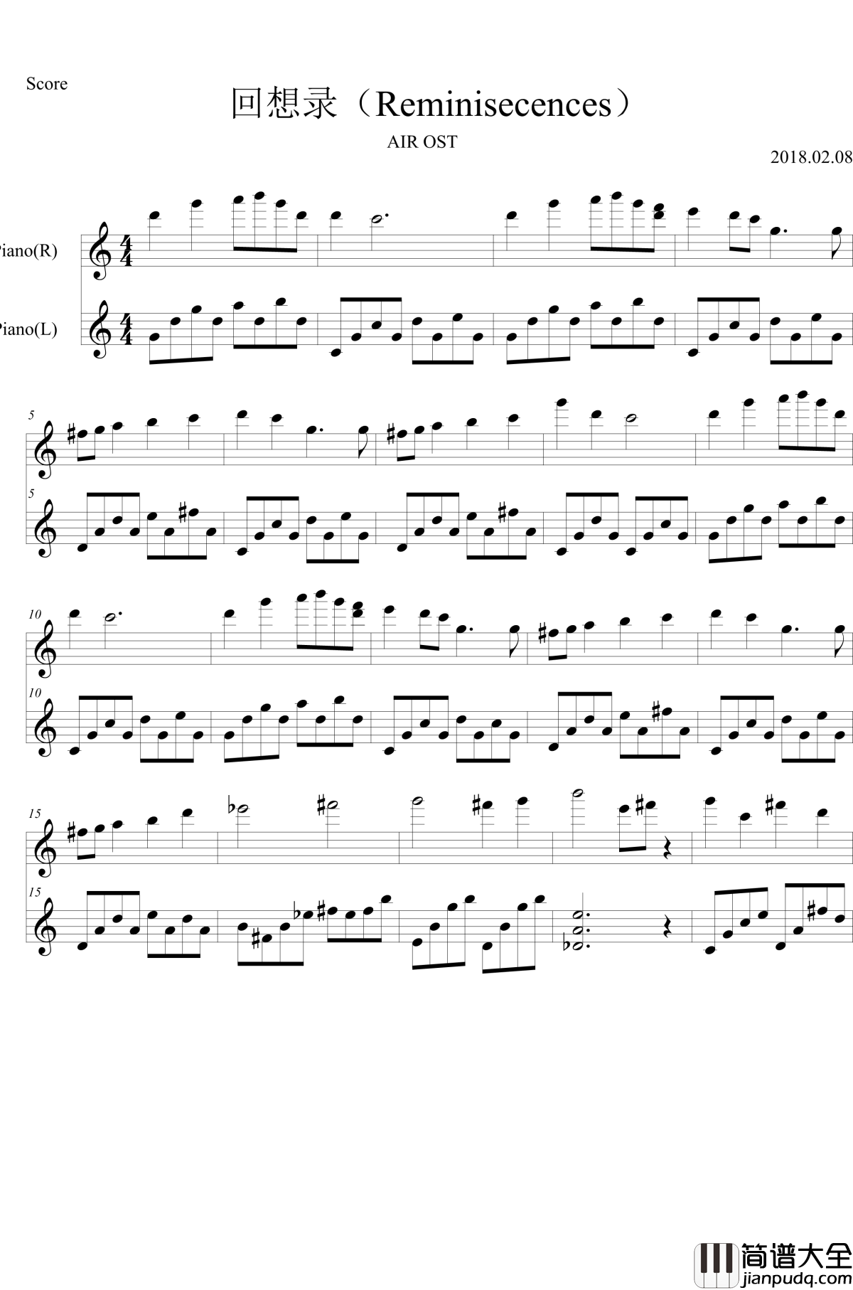 回想录钢琴谱_Reminisecences_Air_AIR_OST
