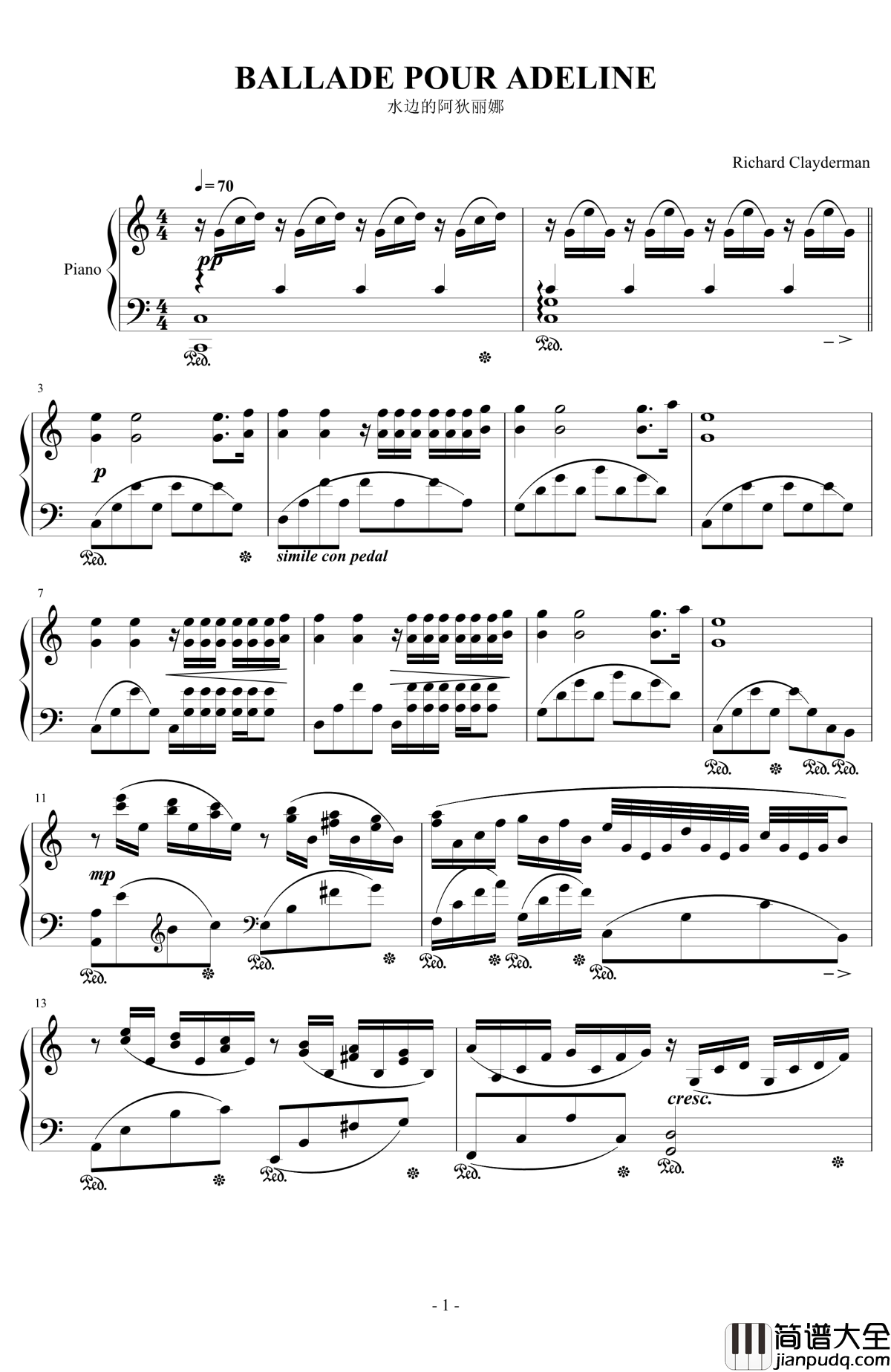 水边的阿狄丽娜钢琴谱_克莱德曼