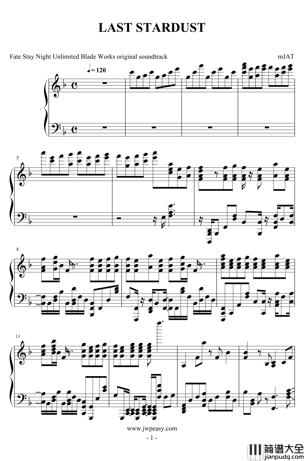LAST_STARDUST钢琴谱_Fate/Stay_Night_Aimer