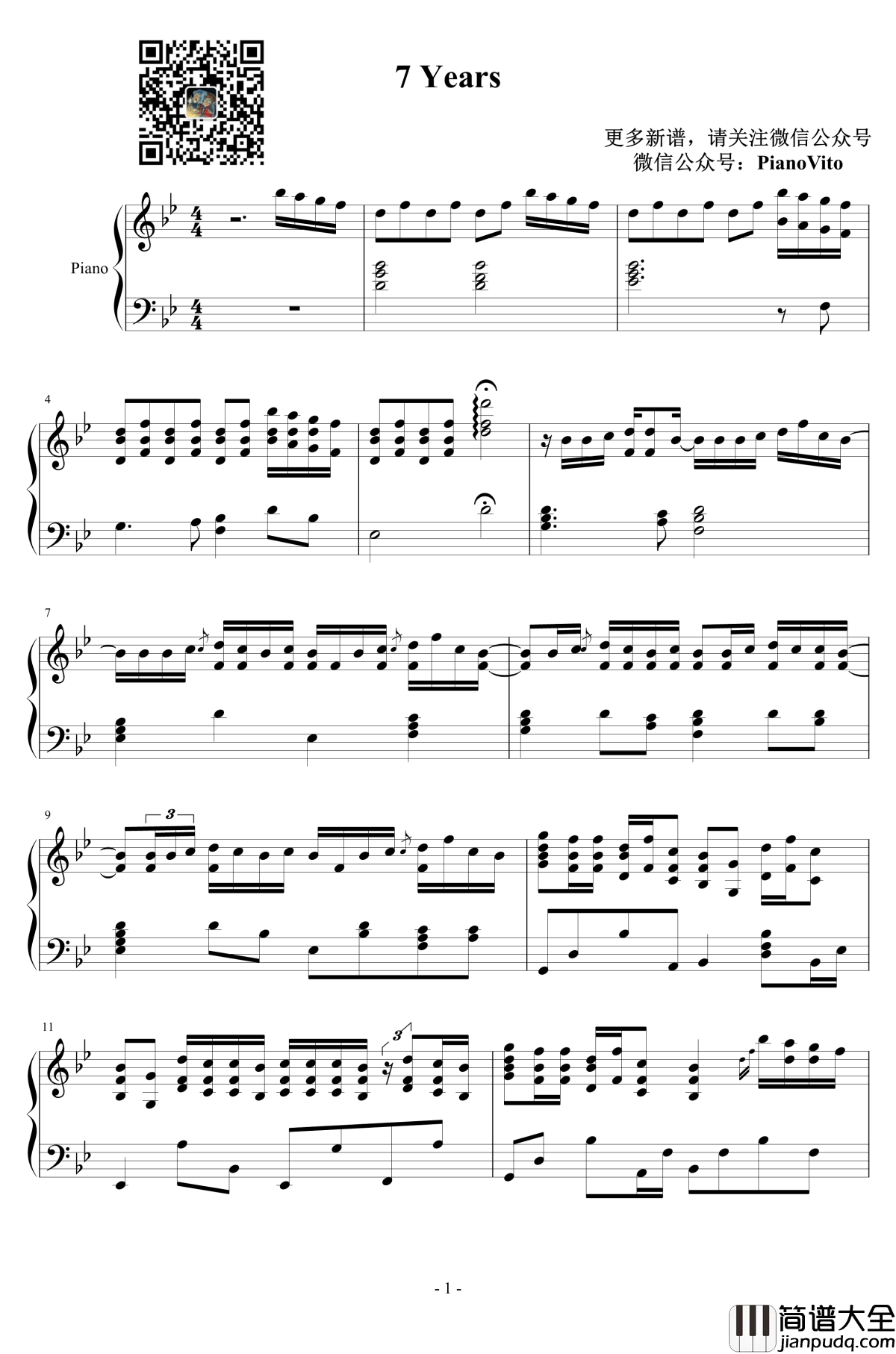 7Years钢琴谱_Lukas_Graham