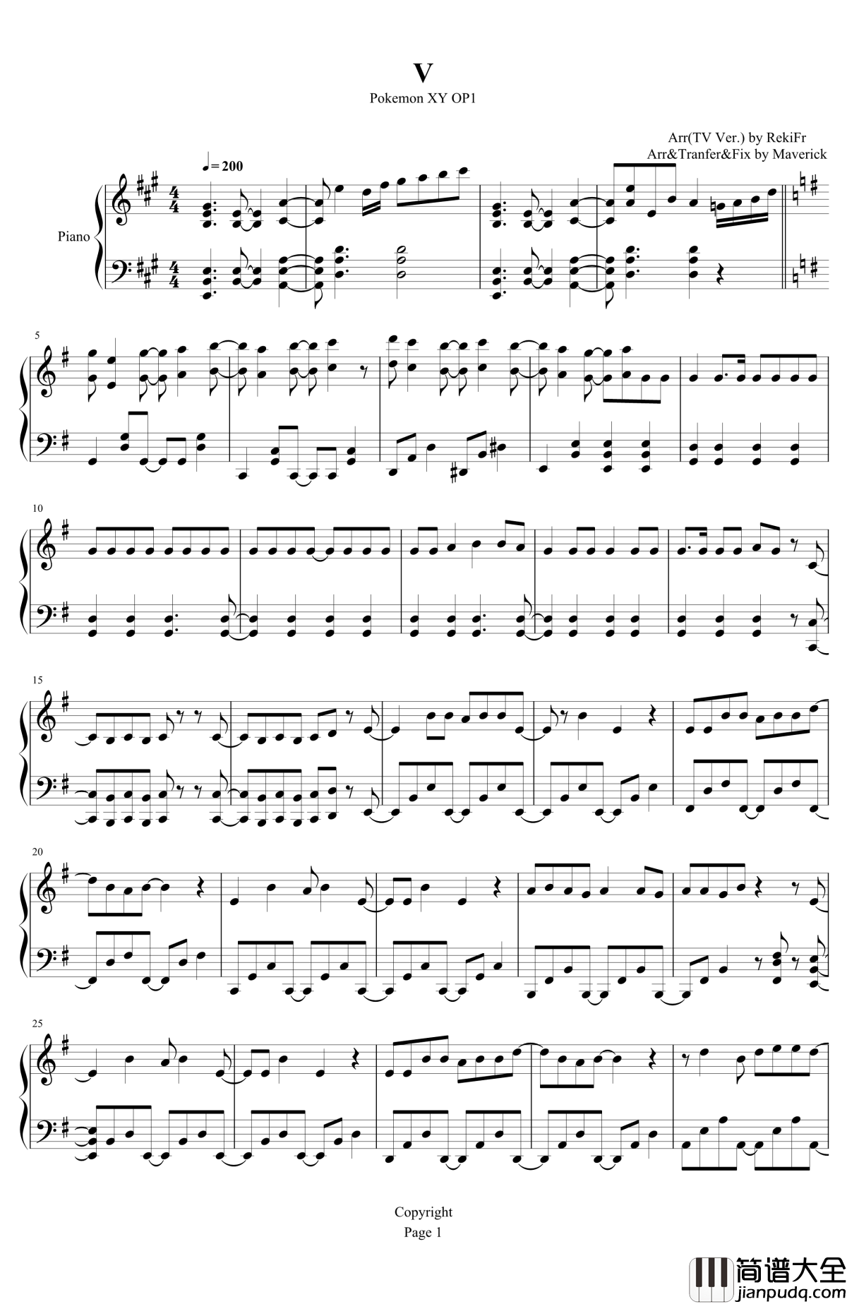 精灵宝可梦XY_OP1_V钢琴谱_精灵宝可梦