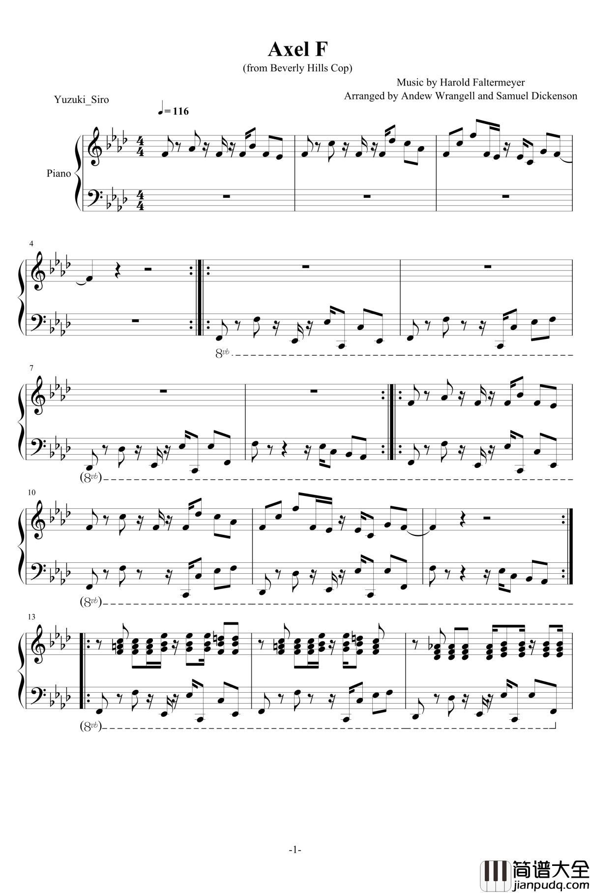 Aexl_F钢琴谱_Beverly_Hills_Cop_Main_Theme_妙探出差