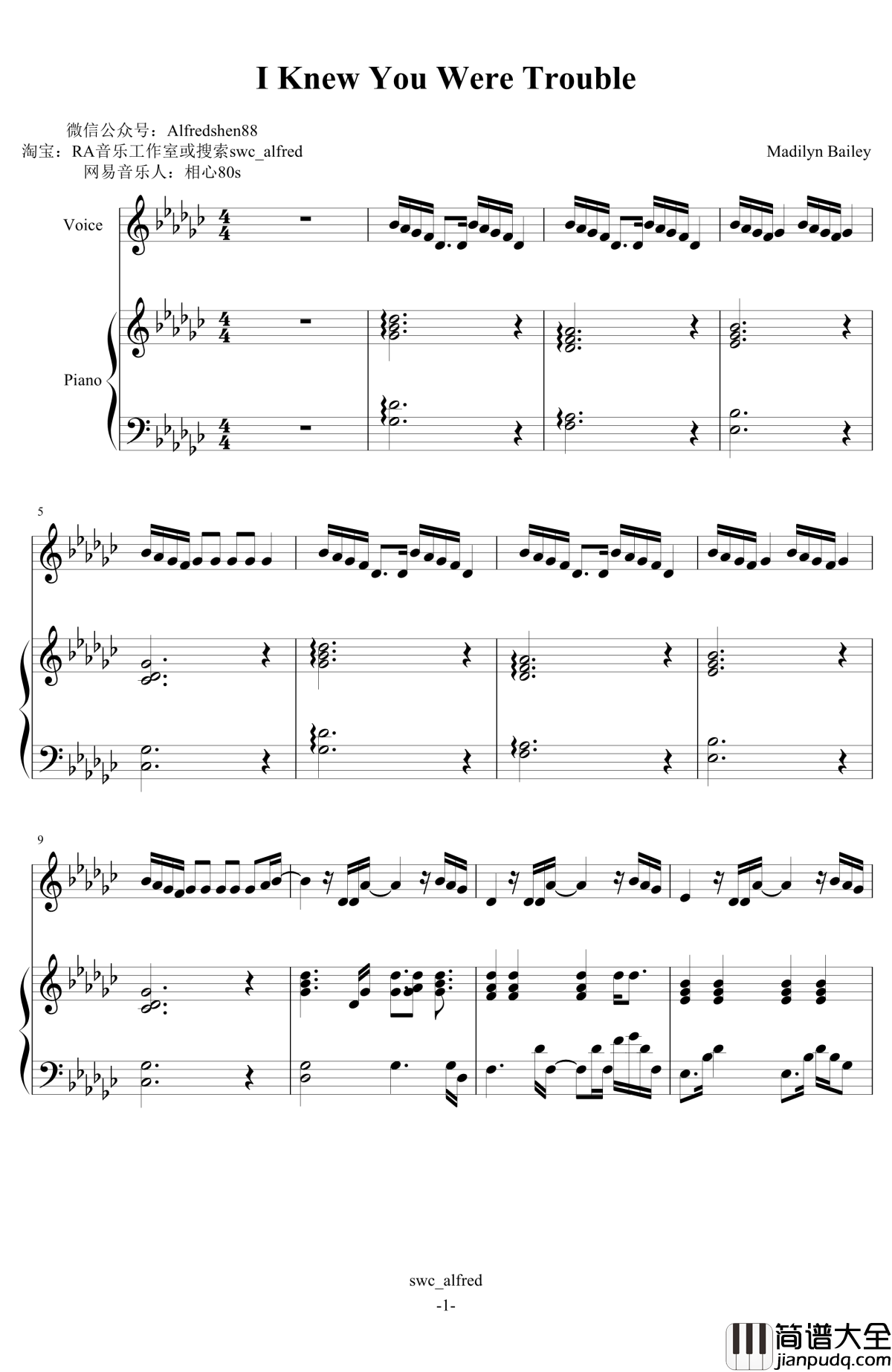 I_knew_you_were_trouble钢琴谱_伴奏_Taylor_Swift