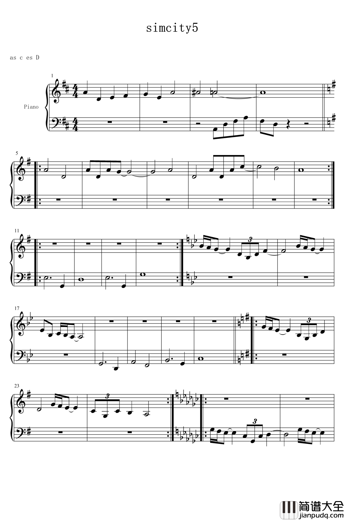 模拟城市5主题曲钢琴谱_模拟城市