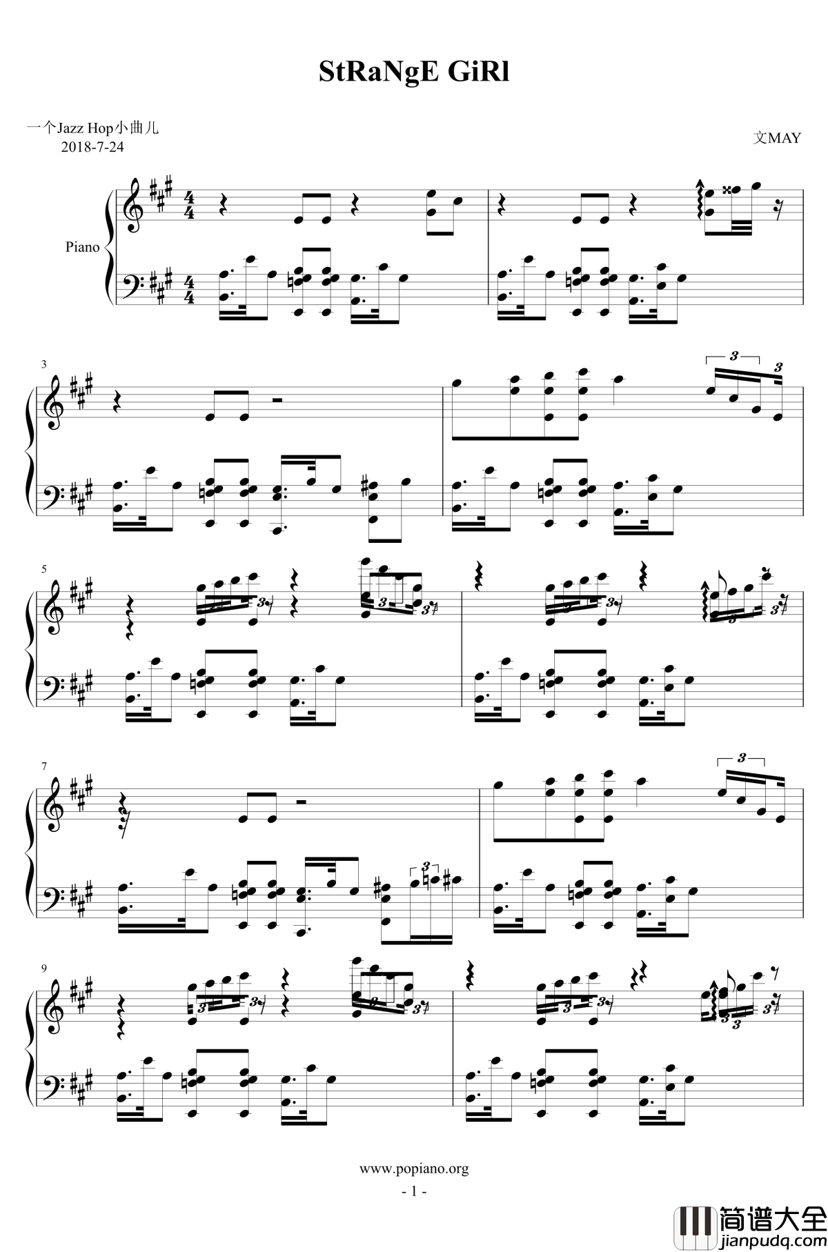 StRaNgE_GiRl钢琴谱_血腥残阳