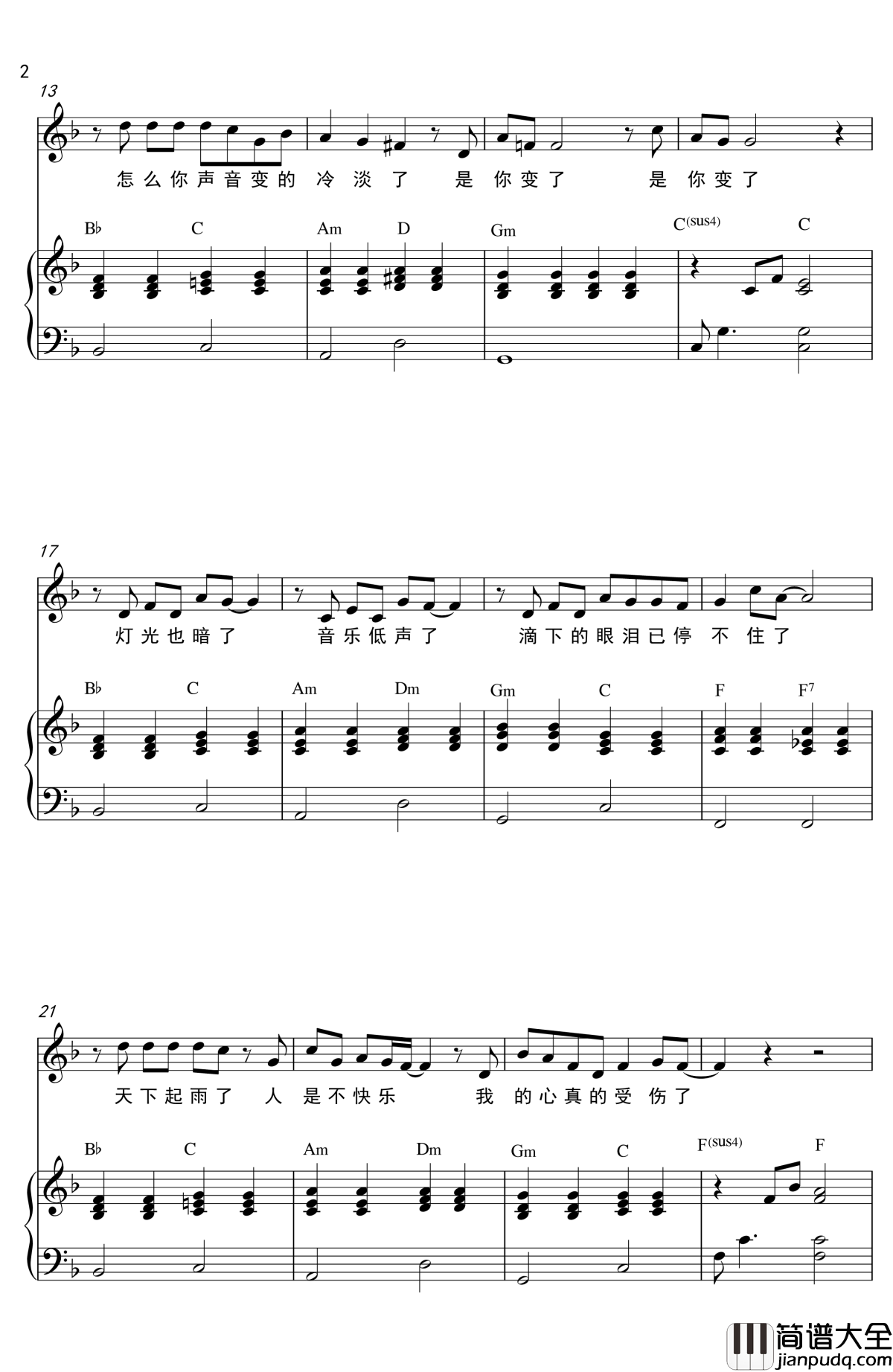 我真的受伤了钢琴谱_F调弹唱版_张学友