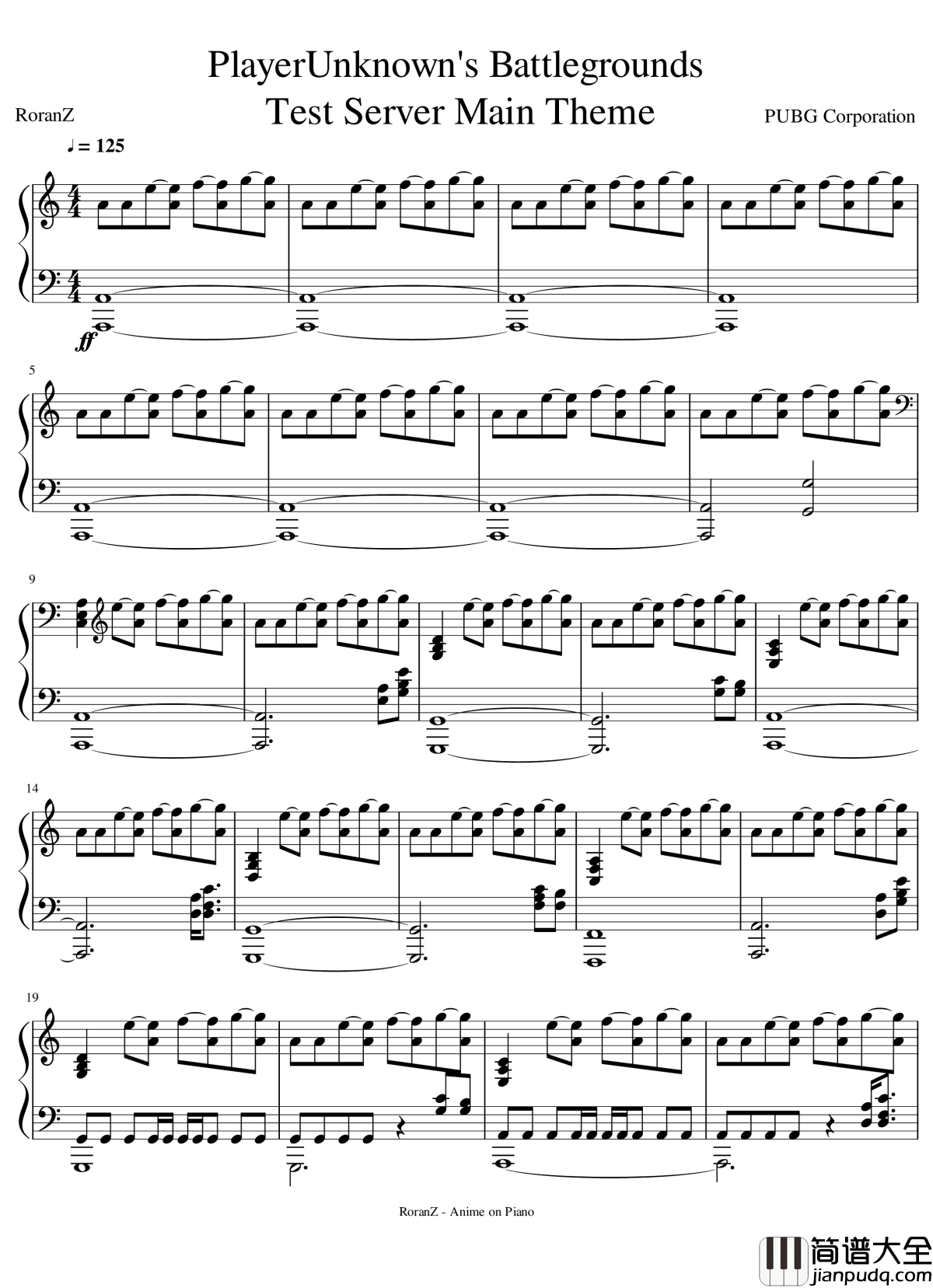 绝地求生刺激战场开场音乐钢琴谱_绝地求生