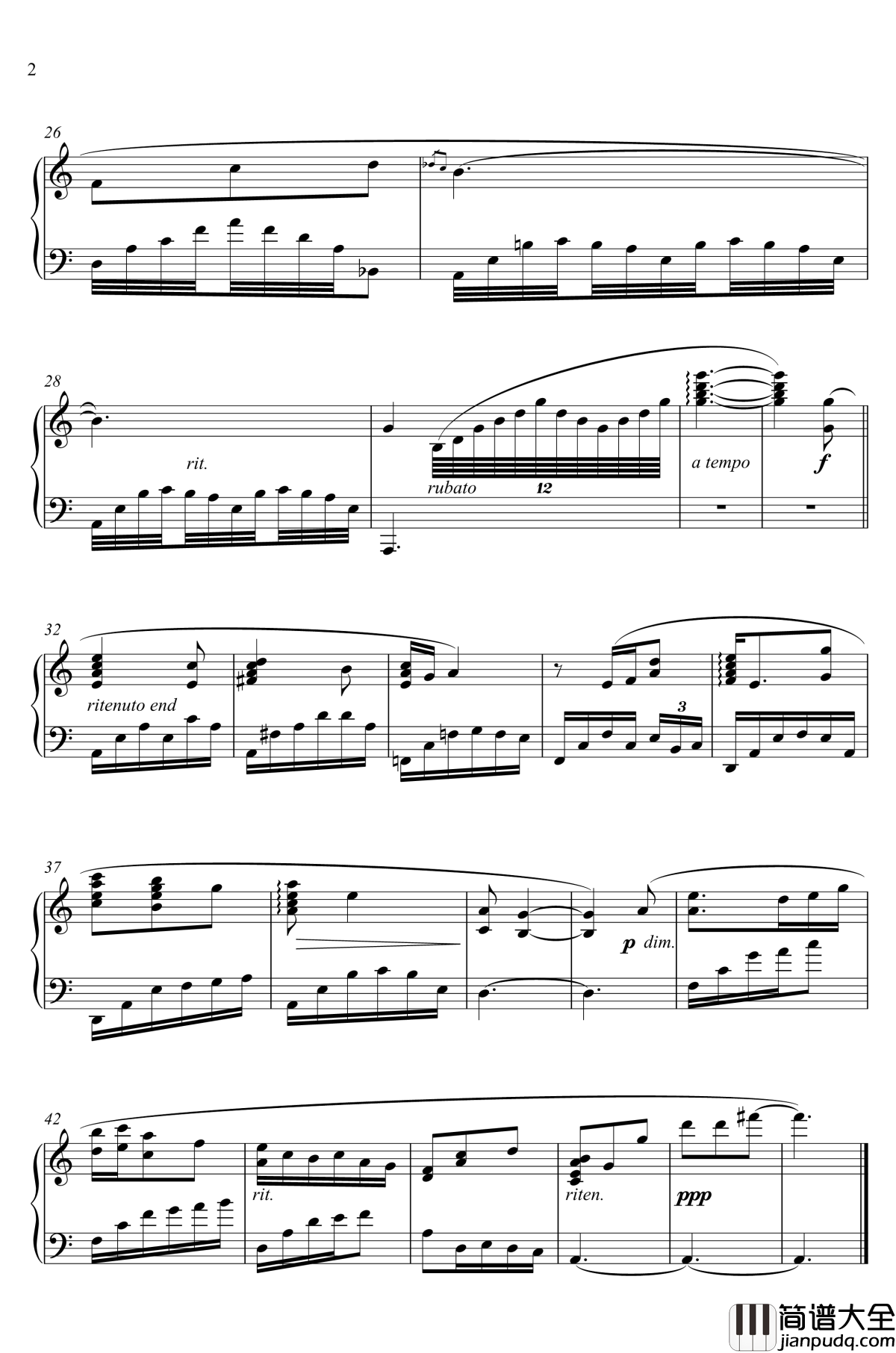 黒闇と白雪_～クルザス西部高地：夜～钢琴谱_FF14_祖坚正庆