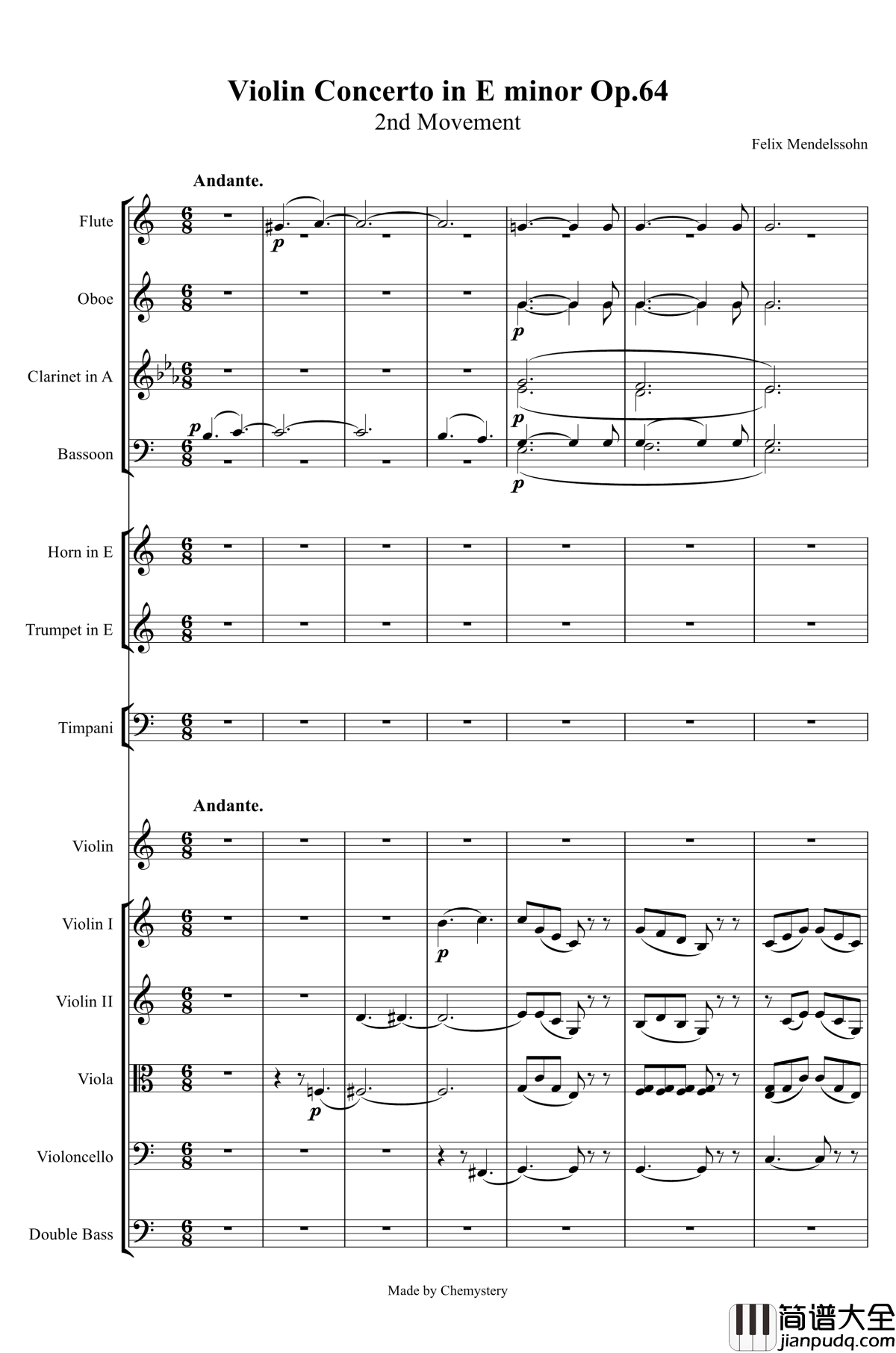 e小调小提琴协奏曲Op.64钢琴谱_第二乐章_Felix_Mendelssohn