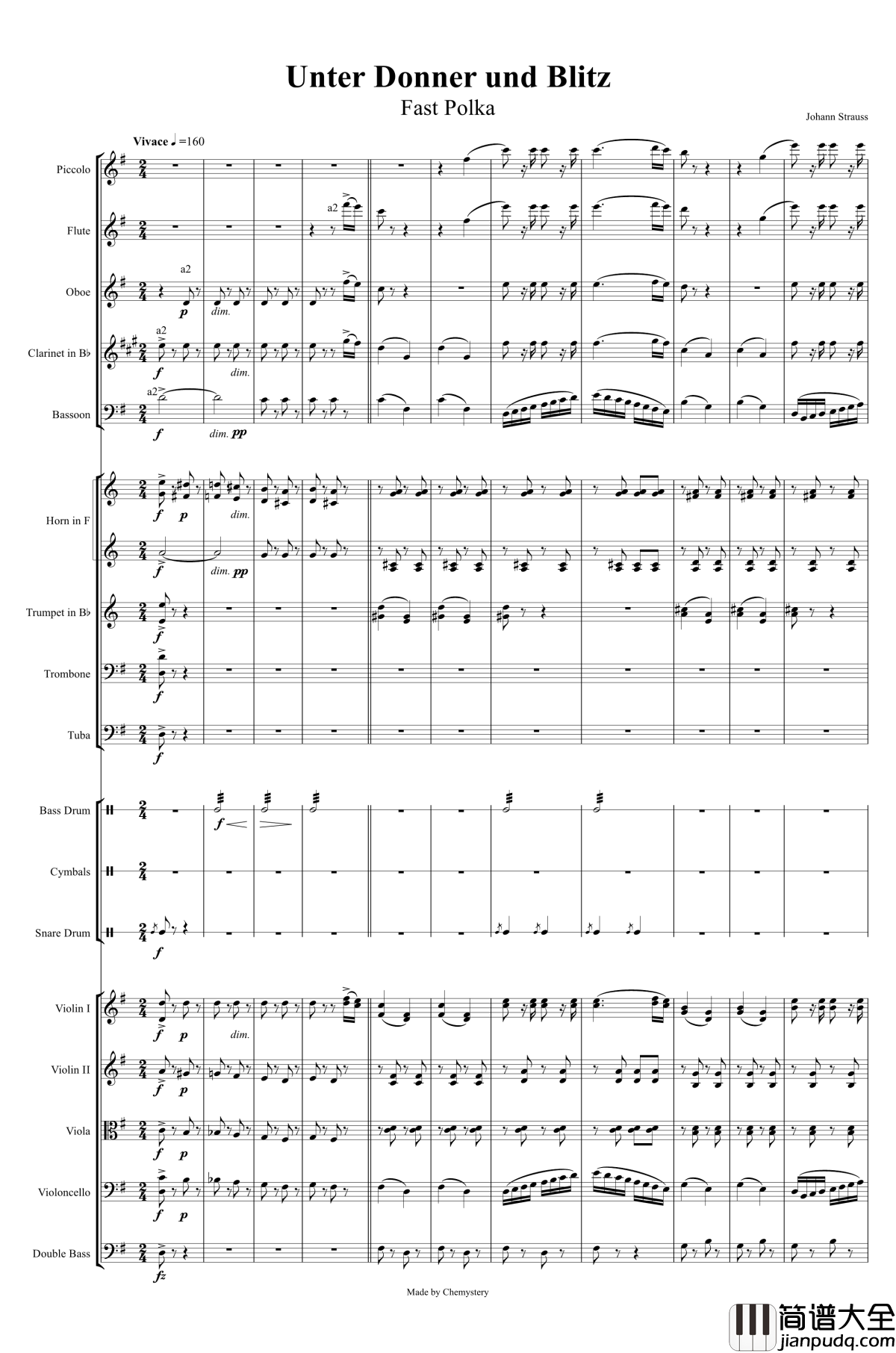 电闪雷鸣的快速波尔卡钢琴谱_Johann_Jr._Strauss