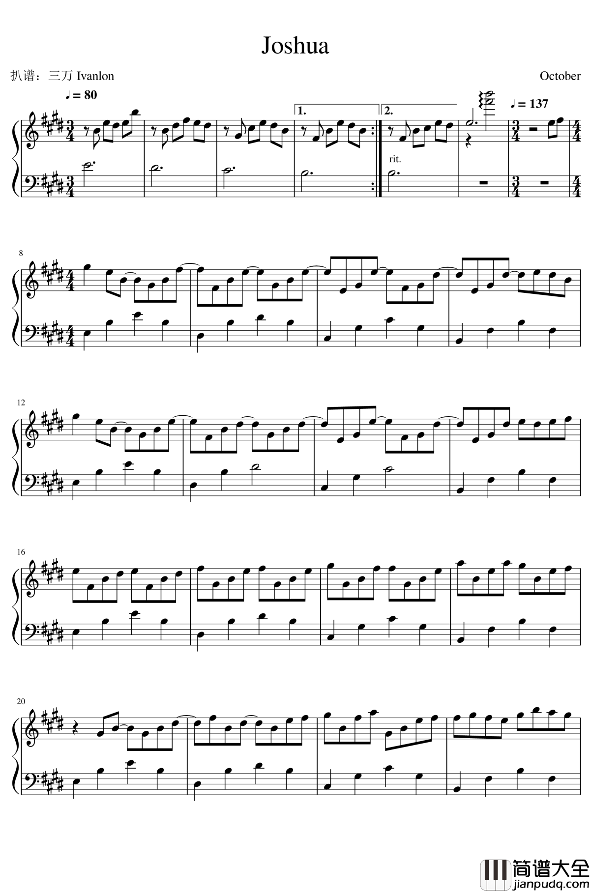 Joshua钢琴谱_October