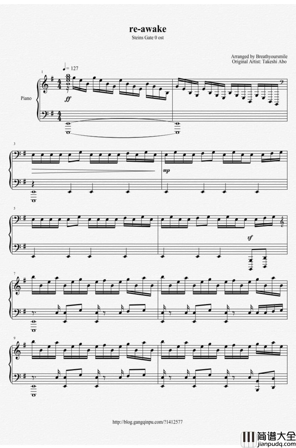 re_awake钢琴谱_命运石之门0_Steins_Gate_0_阿保刚