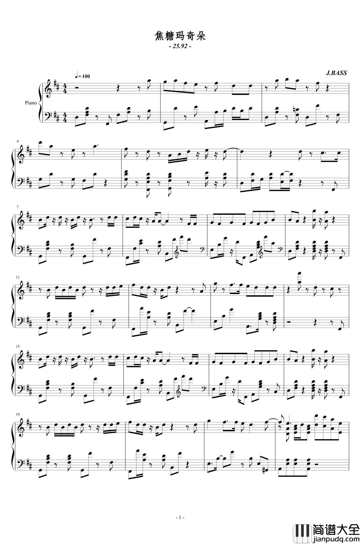 焦糖玛奇朵钢琴谱_J.BASS