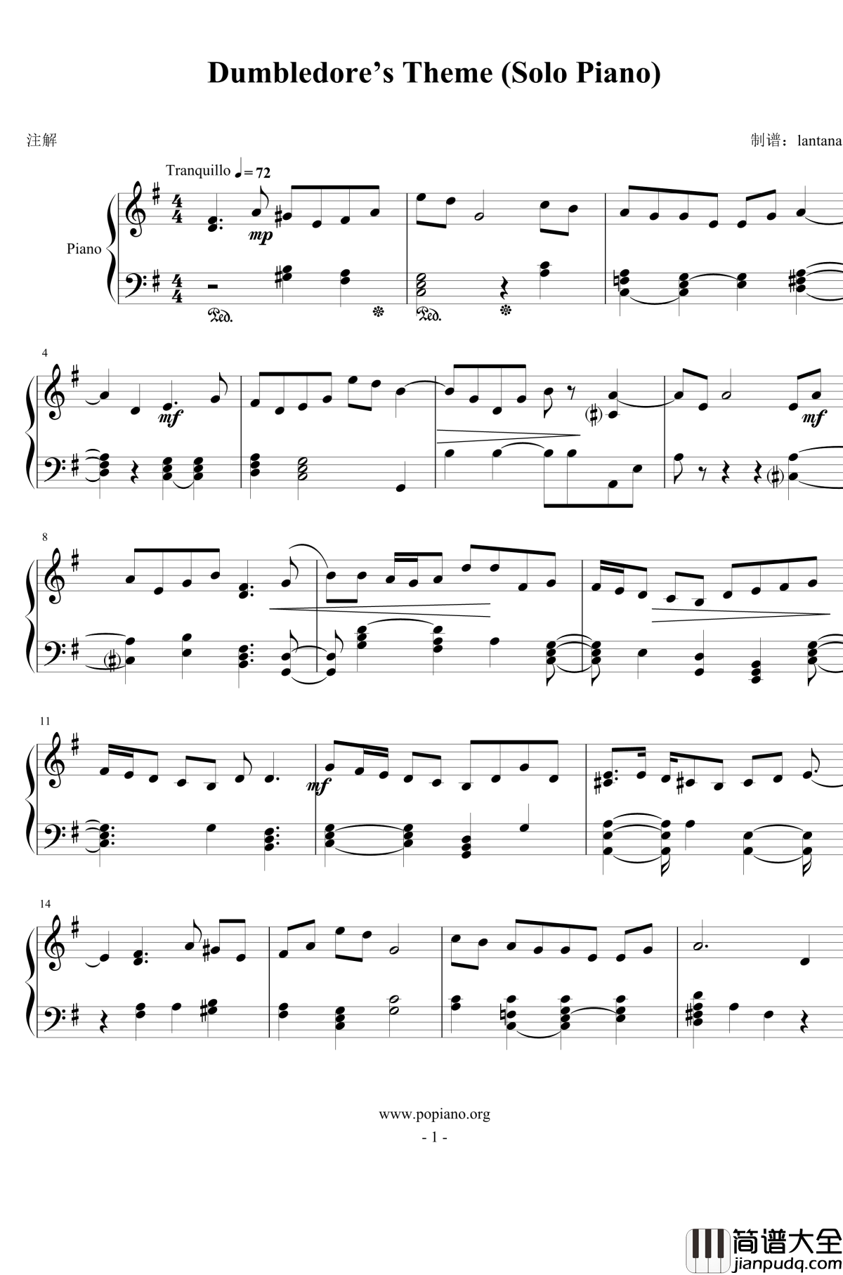 Dumbledore’s_Theme钢琴谱_Solo_Piano_harrypotter