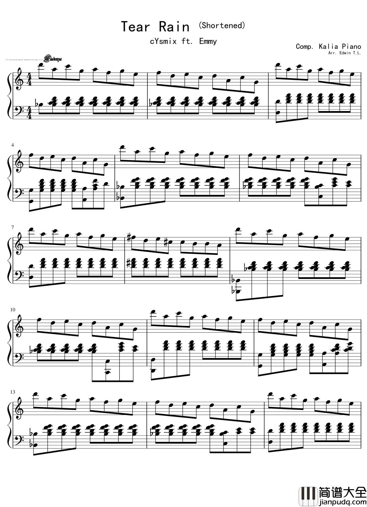 Tear_Rain钢琴谱_东方同人音乐_东方project