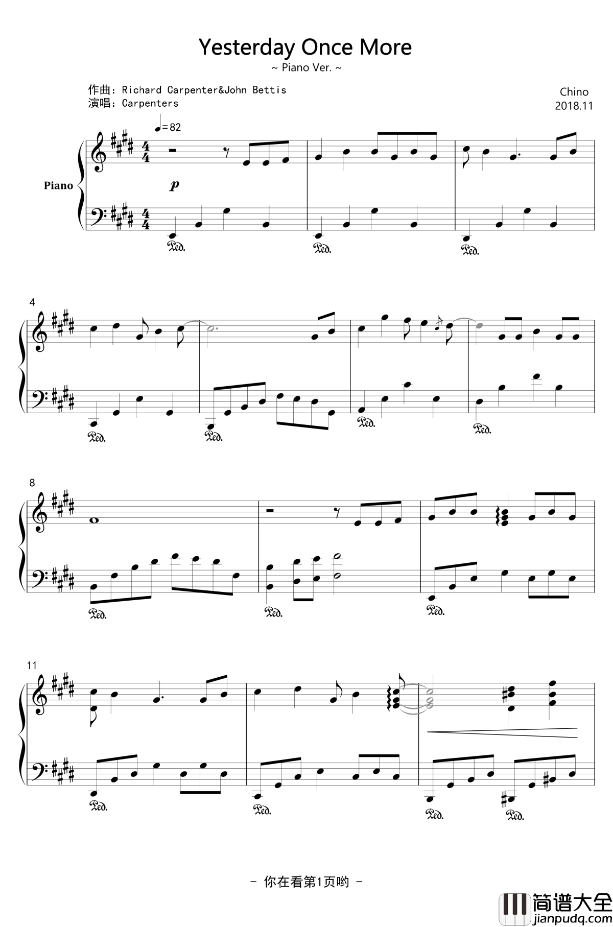 Yesterday_Once_More钢琴谱__~Piano_Ver._~_经典_卡朋特