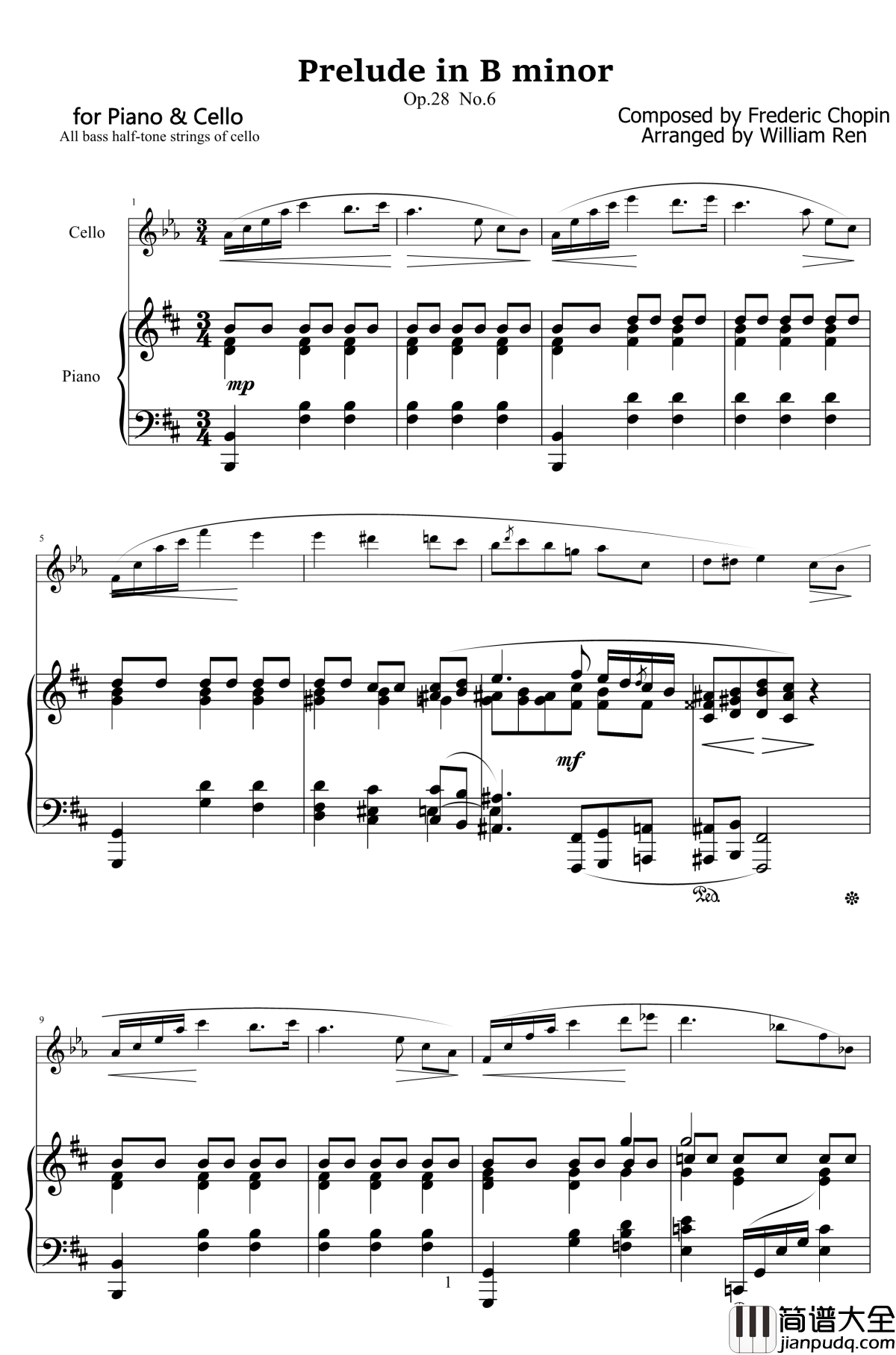 肖邦b小调钢琴谱_前奏曲_大提琴改编版__肖邦_chopin