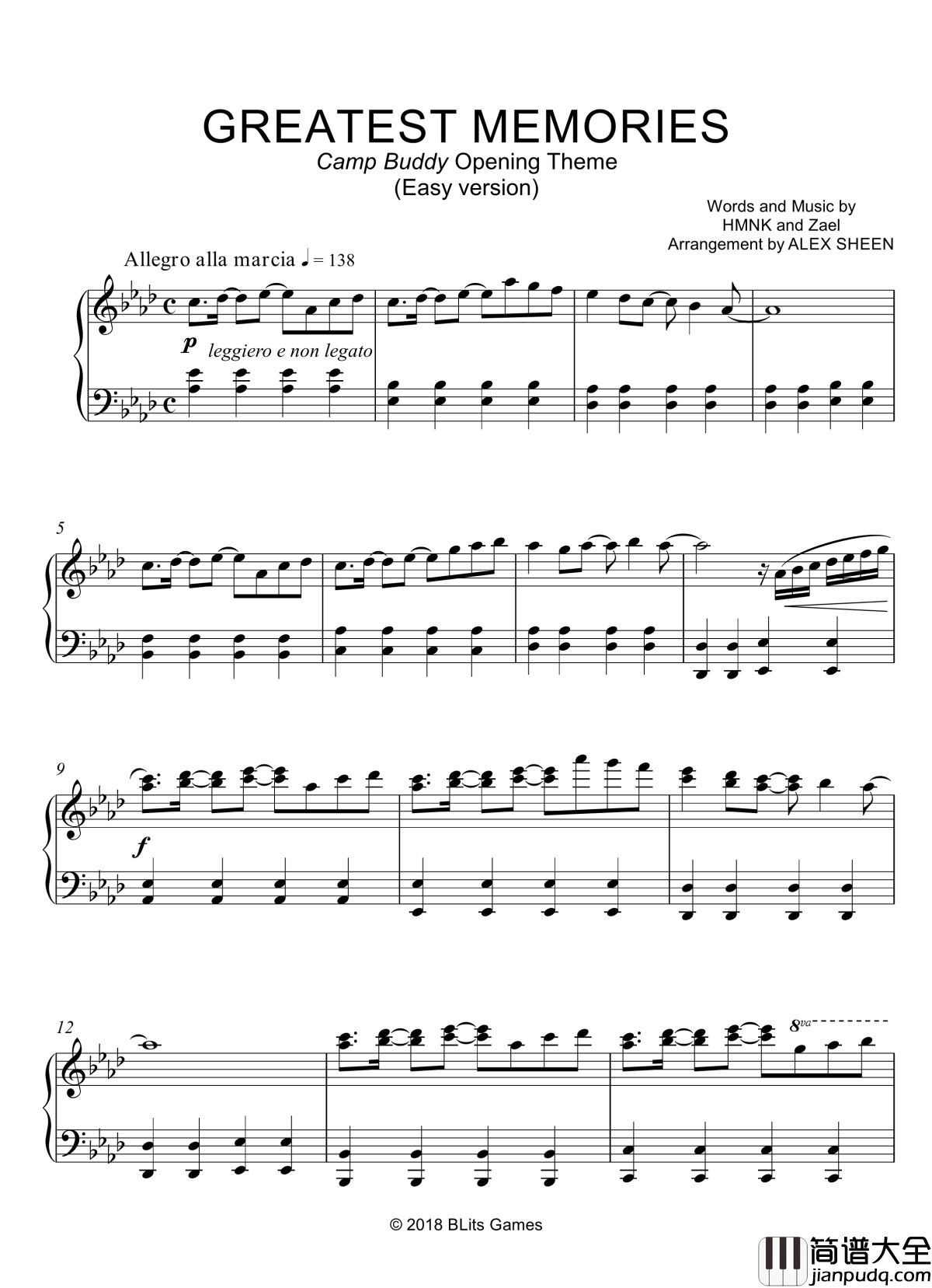 Greatest_Memories钢琴谱_Camp_Buddy主题曲_简易版_Camp_Buddy