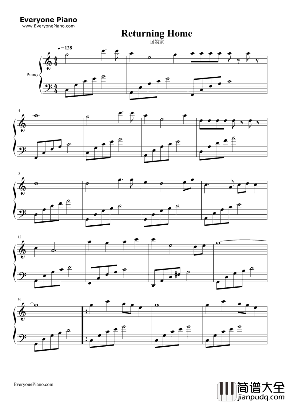 回娘家钢琴谱_邓丽君