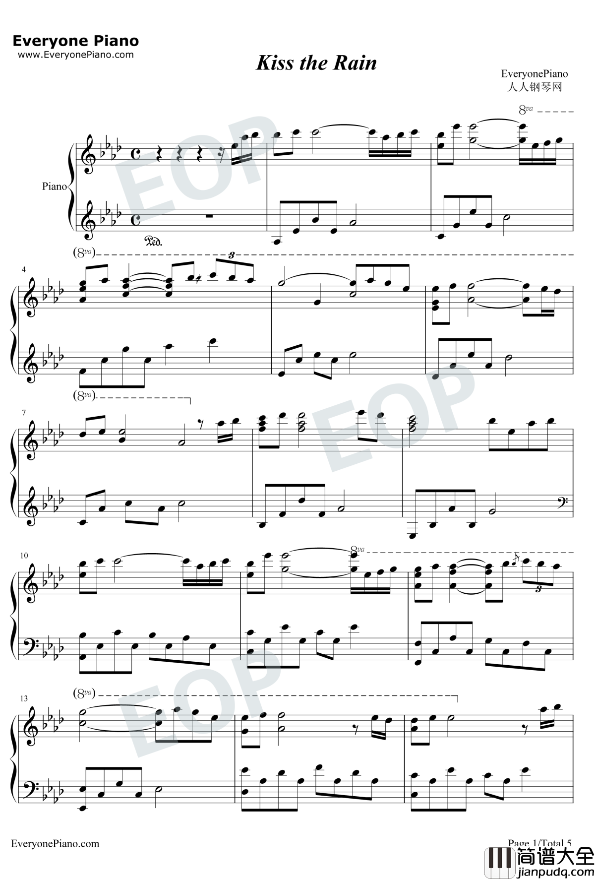 Kiss_the_Rain原版钢琴谱_李闰珉_雨的印记