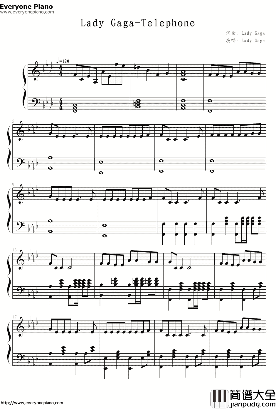 Telephone电话钢琴谱_Lady_GaGa