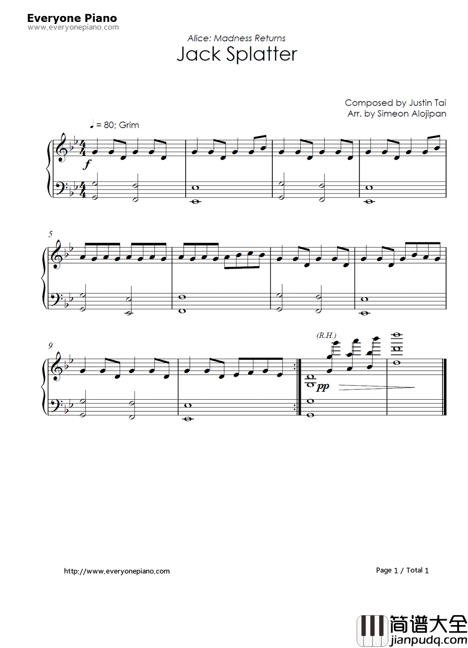 Jack_Splatter钢琴谱_Justin_Tai__爱丽丝：疯狂回归_插曲