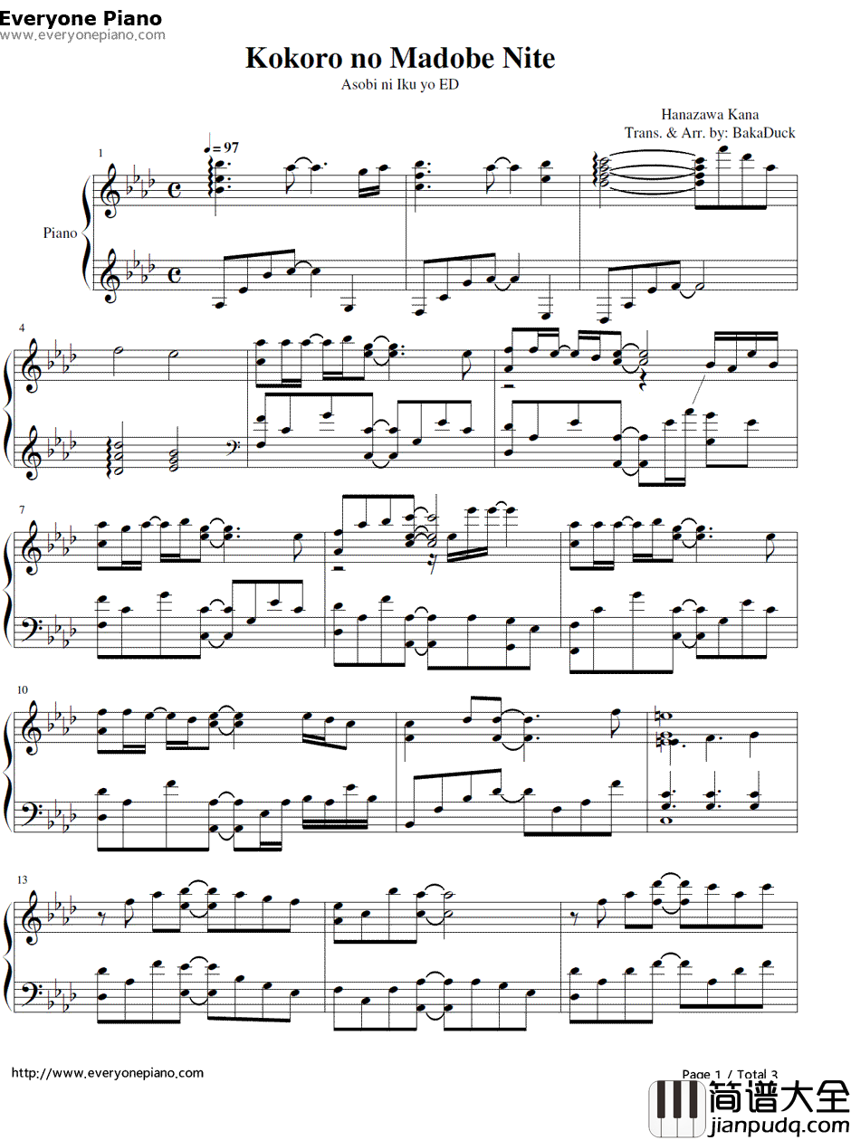 Kokoro_no_Madobe_Nite钢琴谱_Kana_Hanazawa__玩伴猫耳娘!_片尾曲