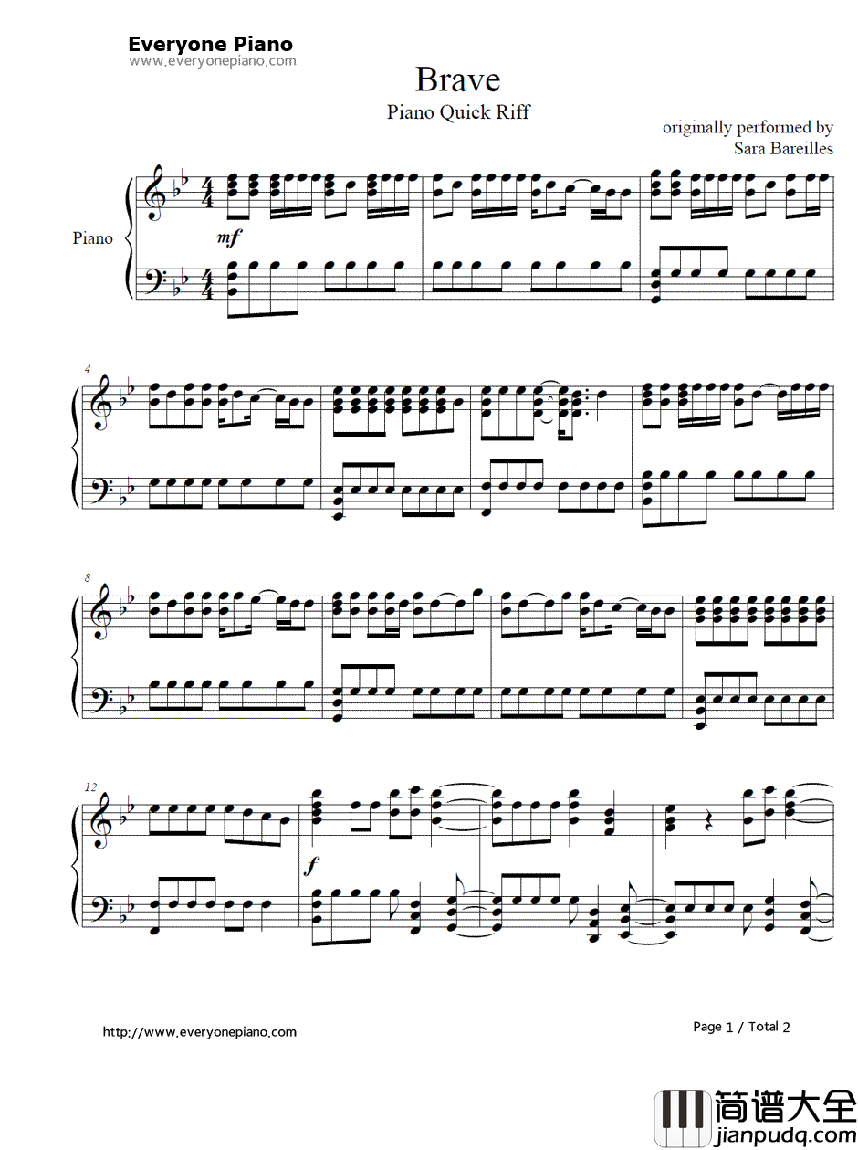 Brave钢琴谱_莎拉·巴莱勒斯Sara_Bareilles