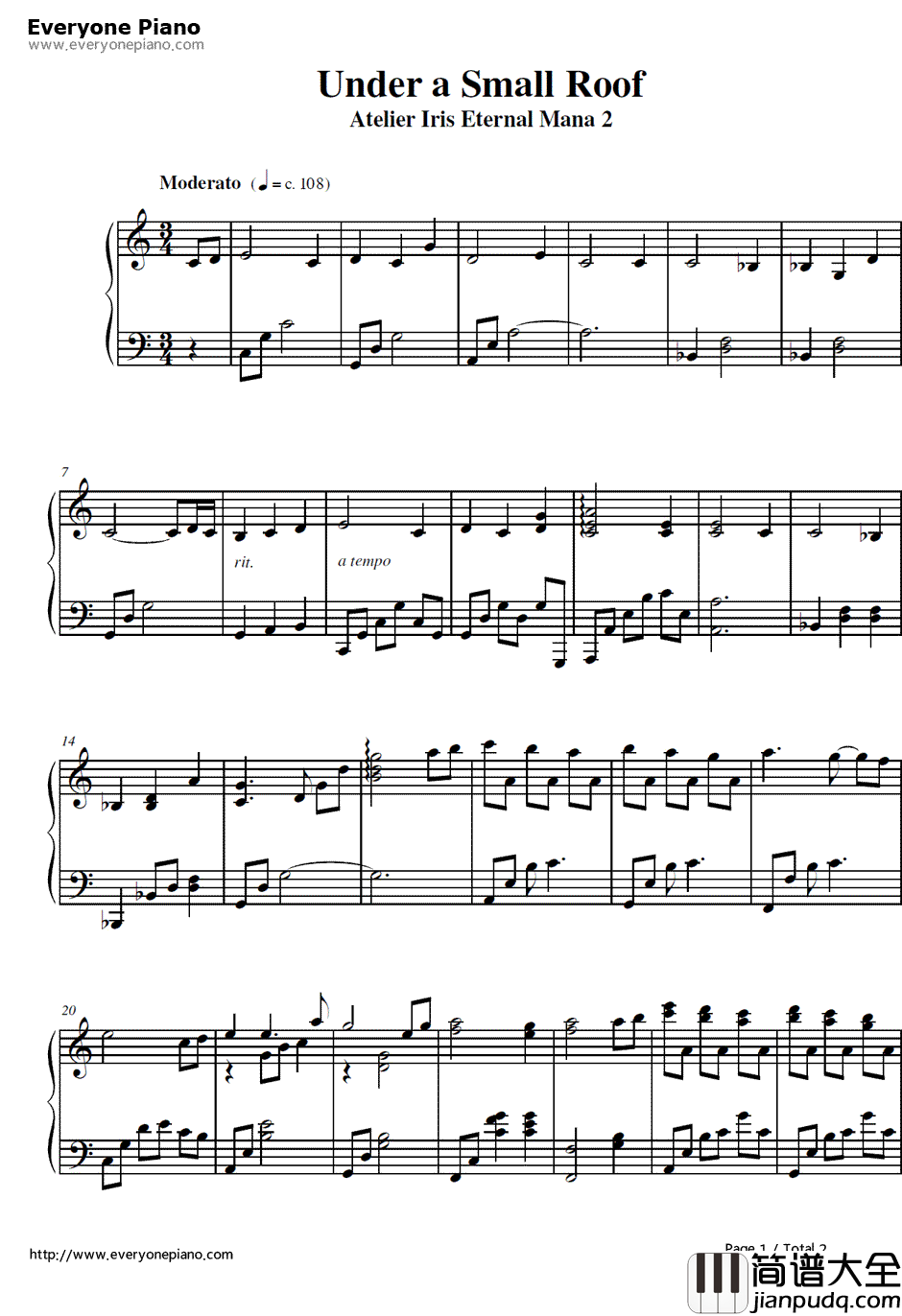 Under_a_Small_Roof钢琴谱_KenNakagawa/Daisuke_Achiwa
