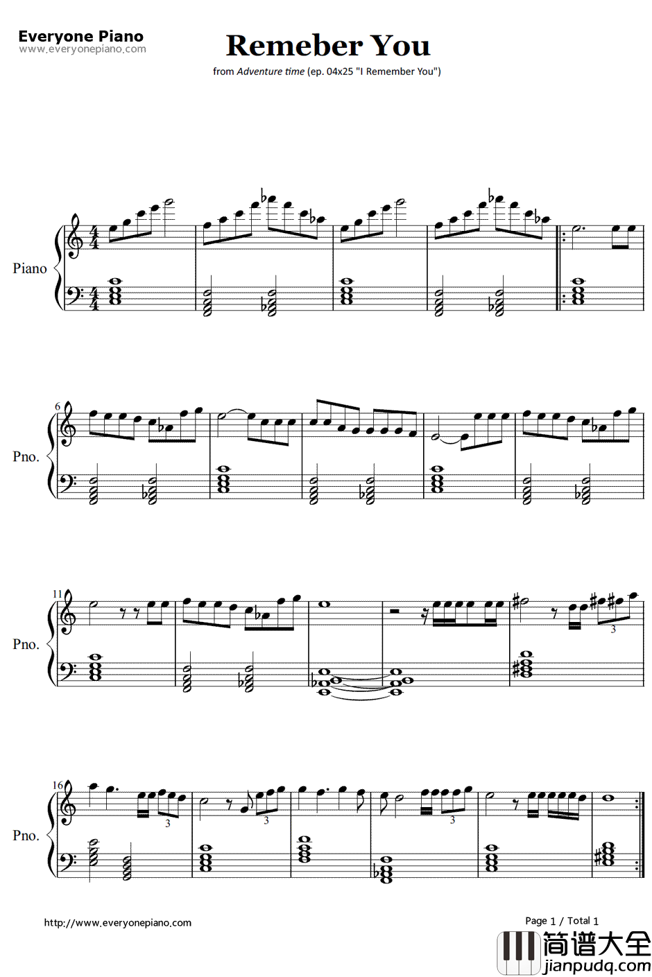 Remember_You钢琴谱_Rebecca_Sugar__探险活宝_插曲