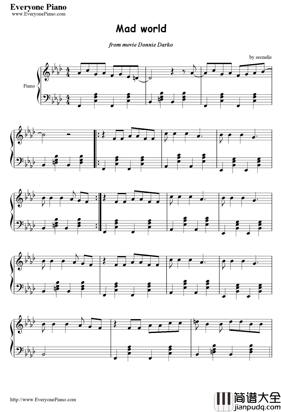 Mad_World－电影_死亡幻觉_主题曲钢琴谱_Tears_For_Fears