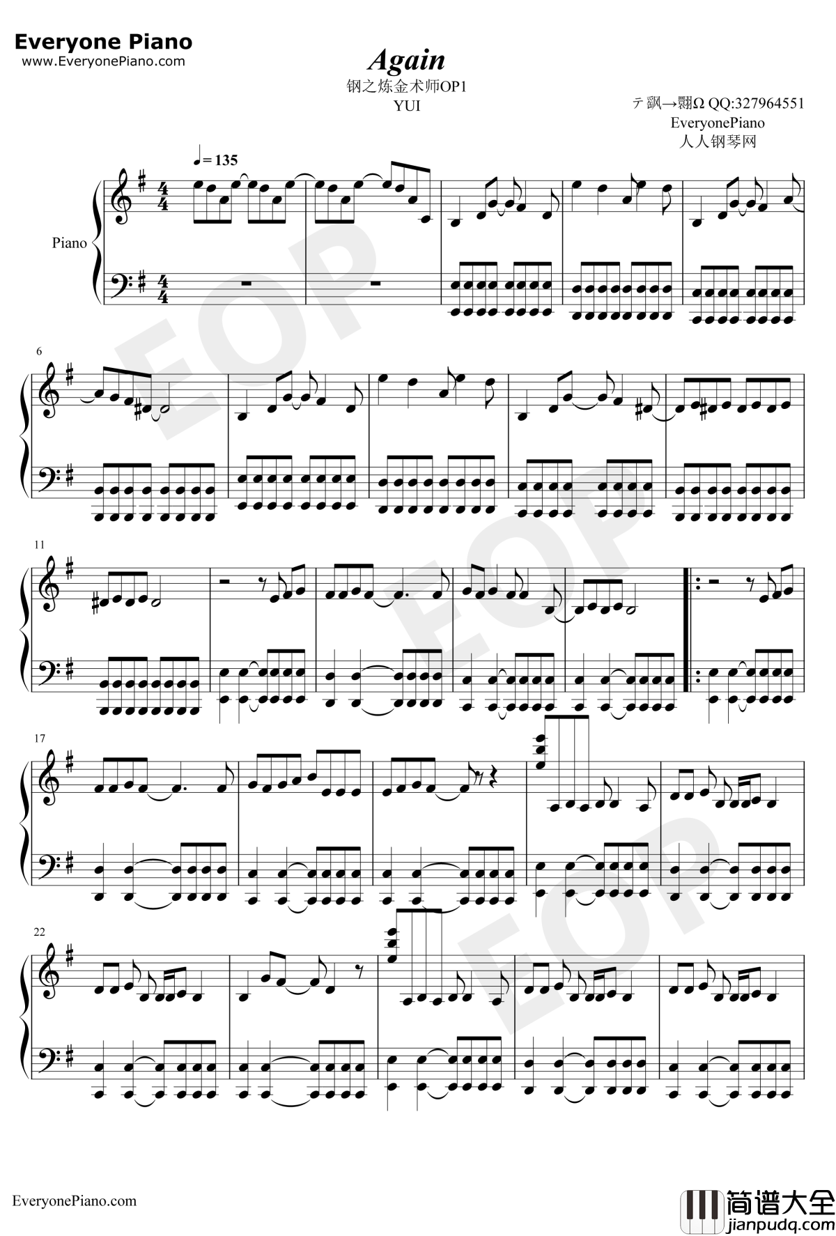 Again钢琴谱_YUI__钢之炼金术师FULLMETALALCHEMIST_OP1