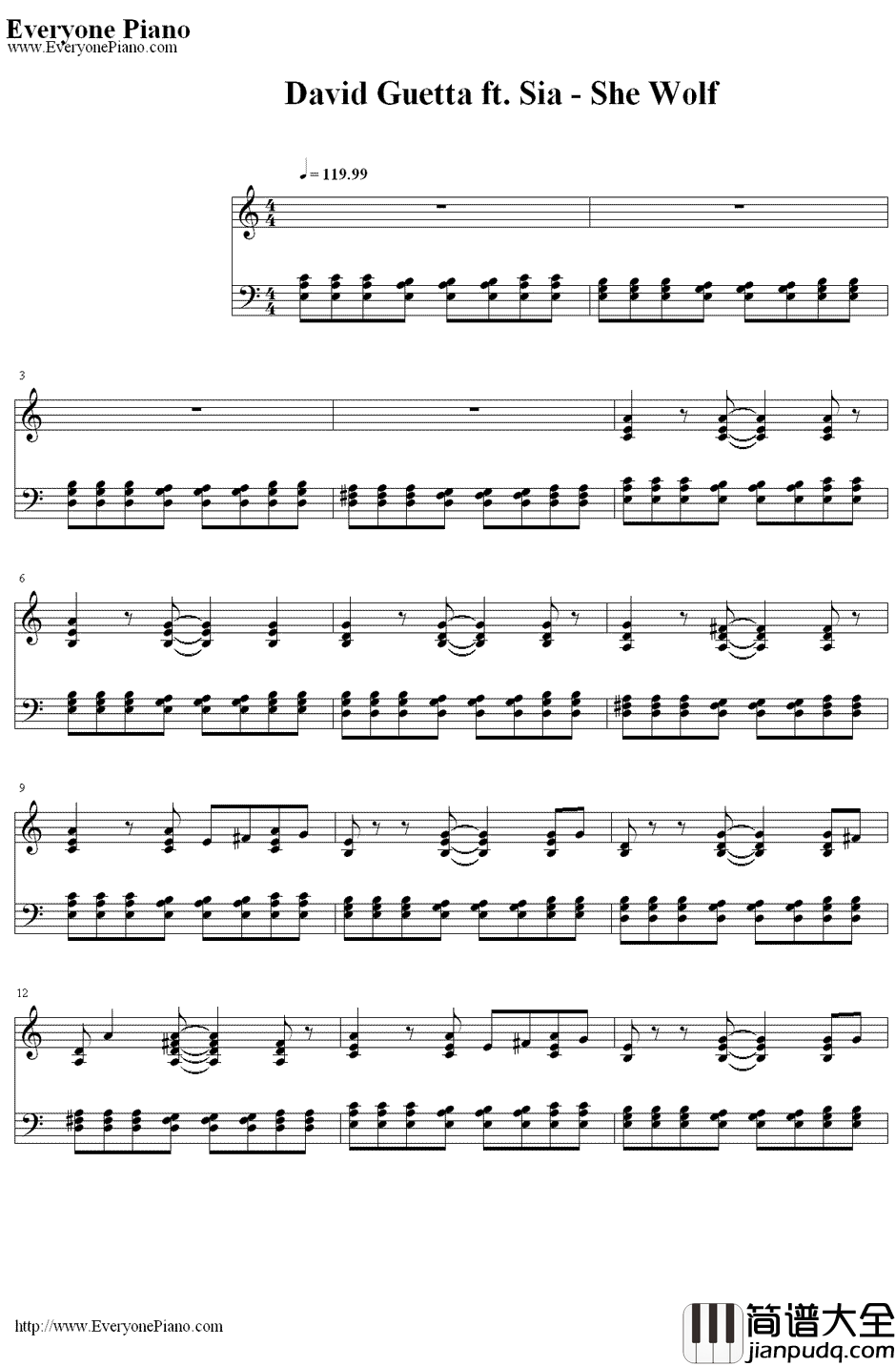 SheWolf钢琴谱_DavidGuettaft.Sia