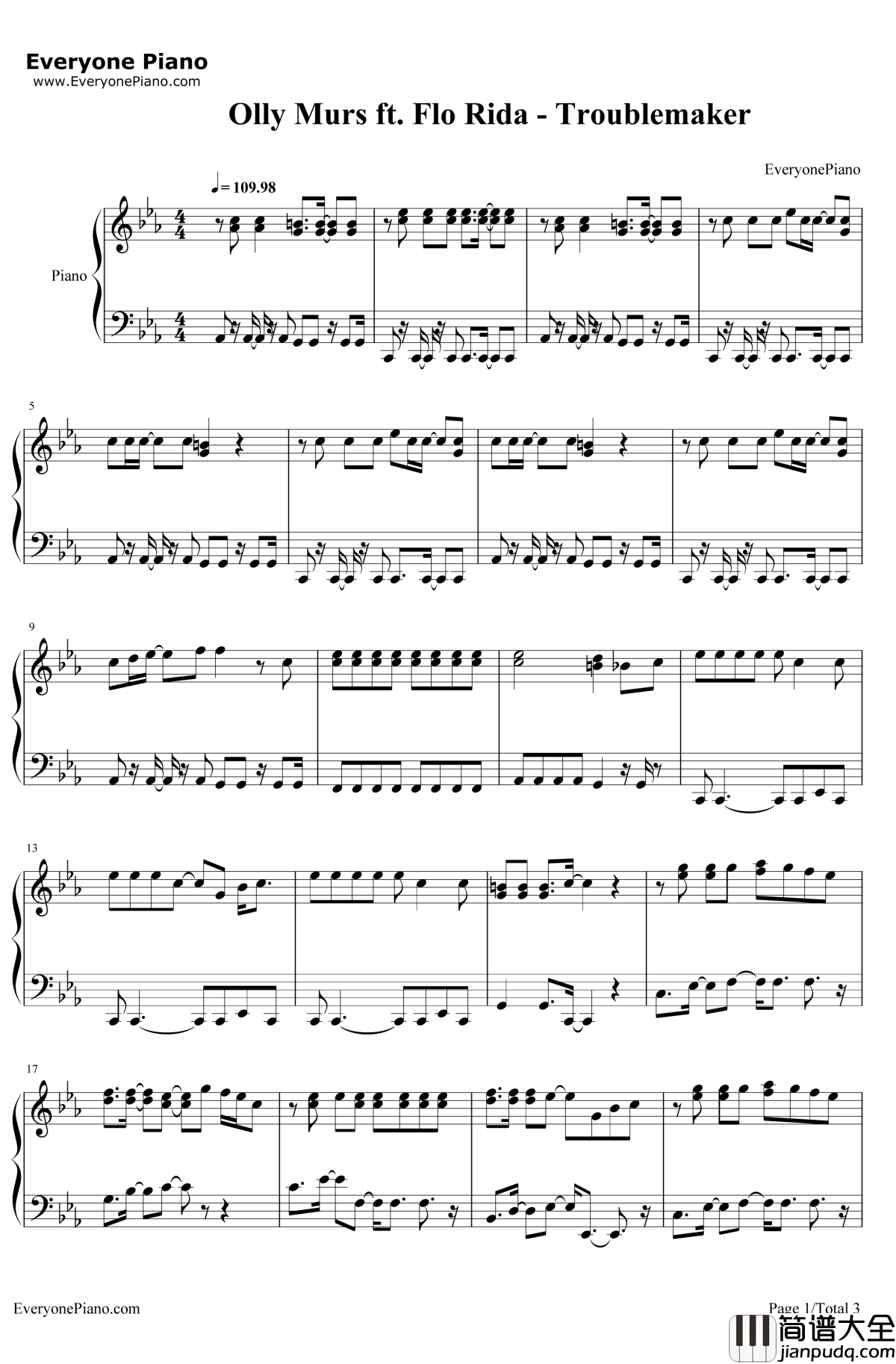 Troublemaker钢琴谱_OllyMursft.FloRida