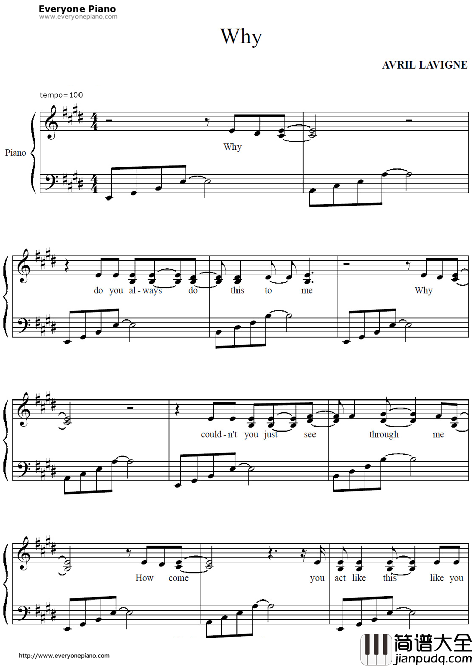 Why钢琴谱_艾薇儿_AvrilLavigne