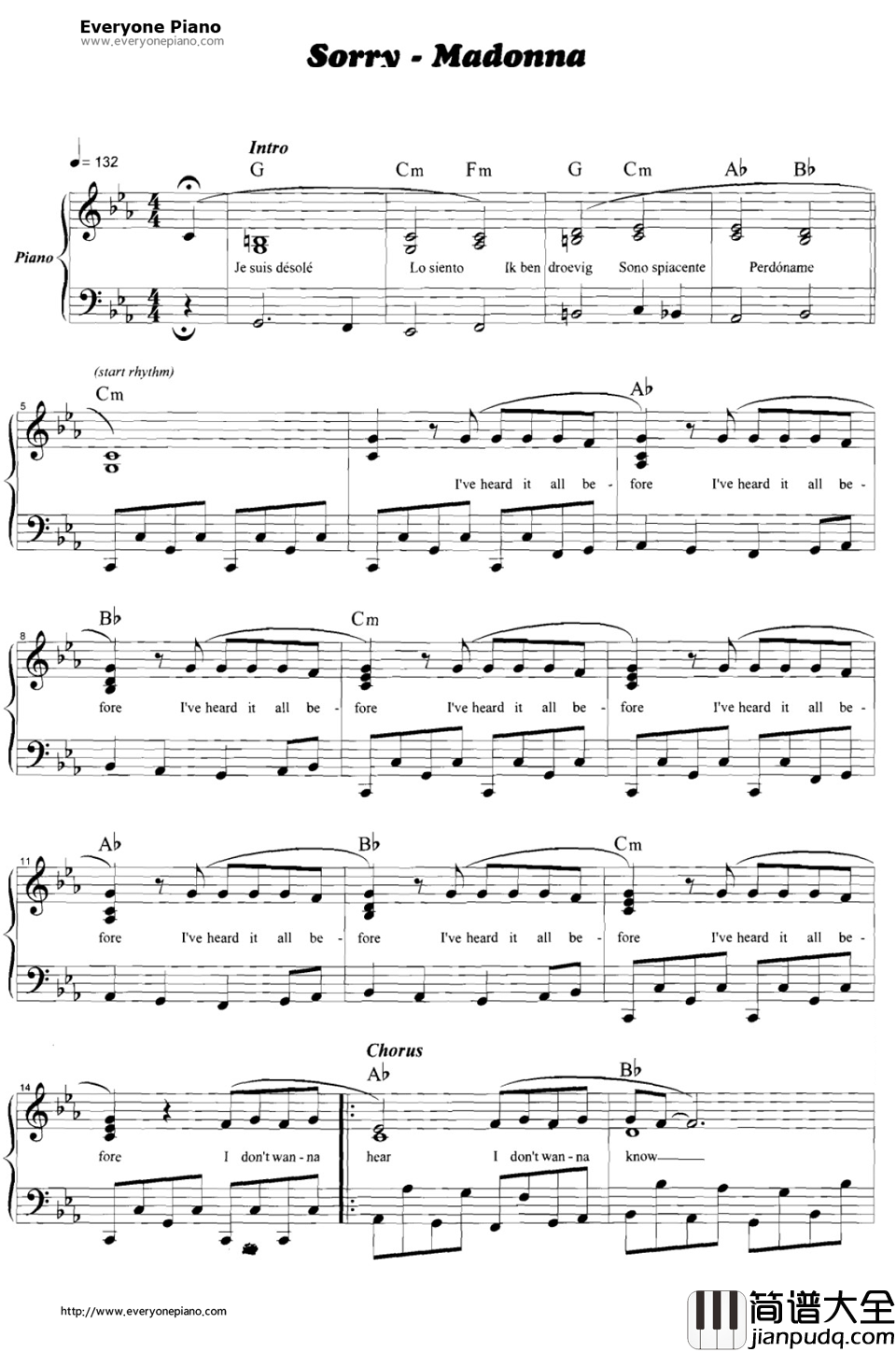 Sorry钢琴谱_麦当娜_Madonna
