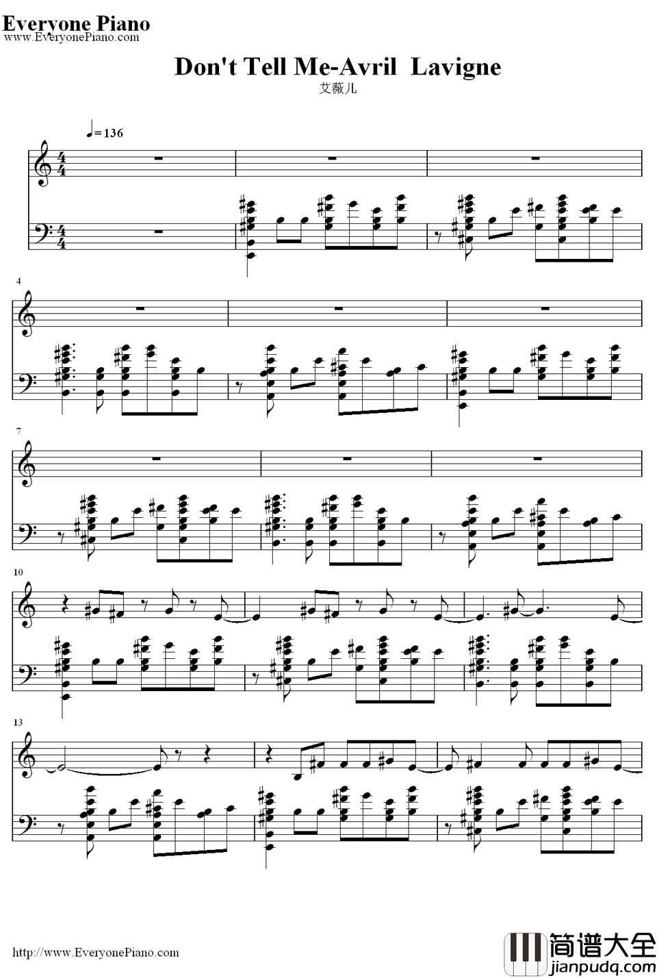 Don't_Tell_Me钢琴谱_艾薇儿_AvrilLavigne