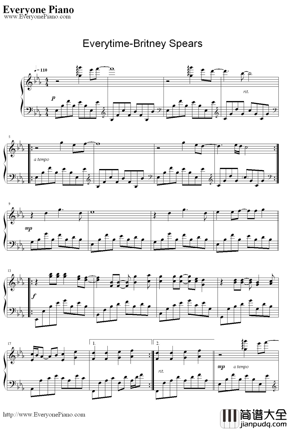 Everytime钢琴谱_布兰妮·斯皮尔斯(BritneySpears)_布兰妮·斯皮尔斯(BritneySpears)