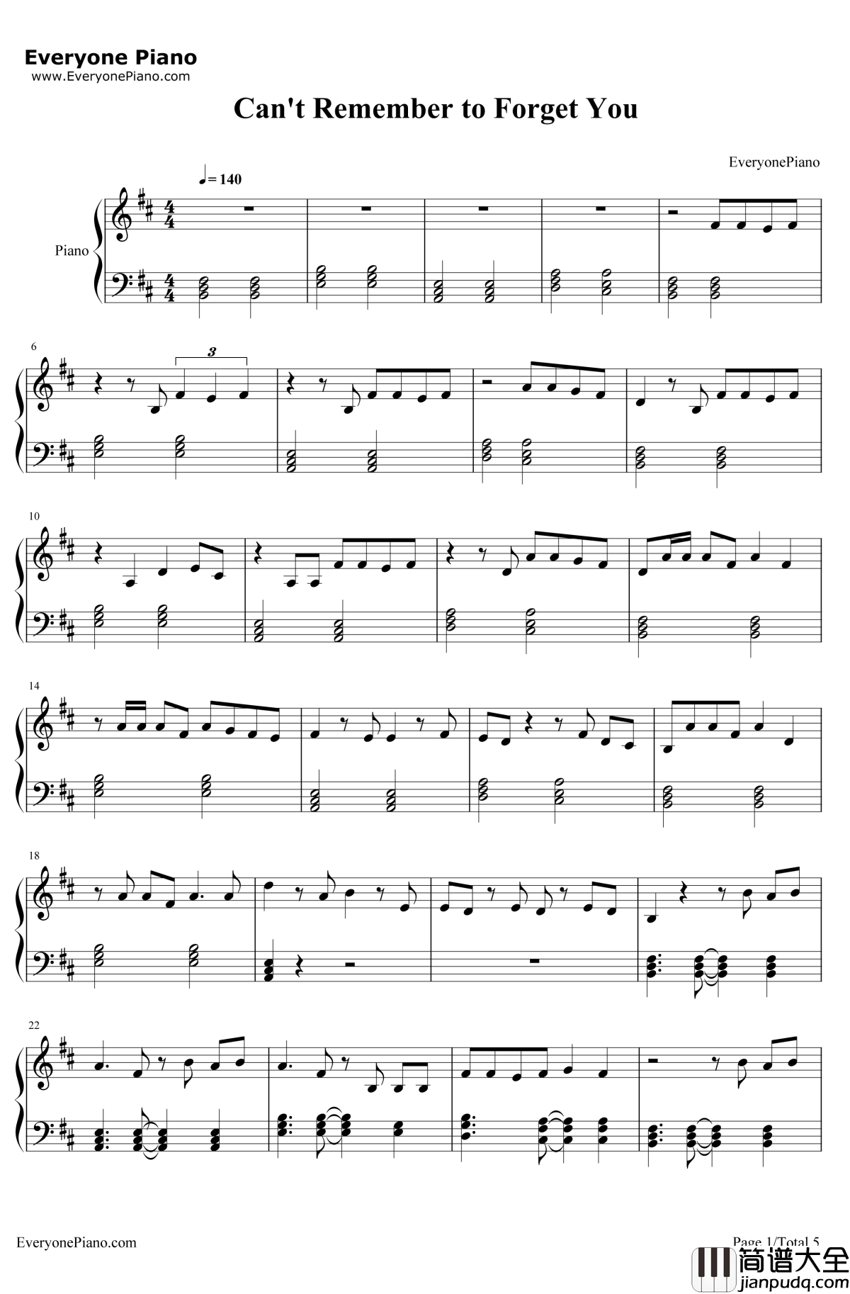 Can't_Remember_to_Forget_You钢琴谱_Shakira&Rihanna