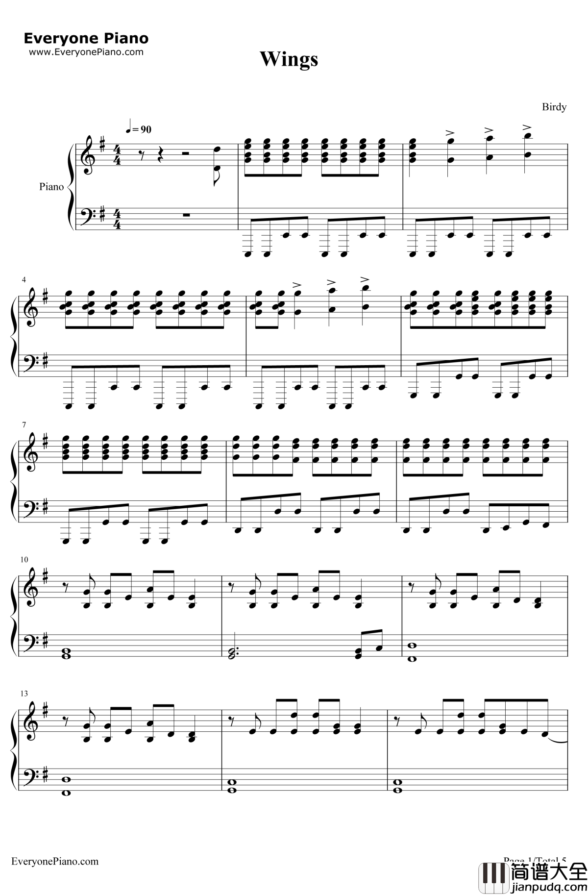Wings钢琴谱_Birdy
