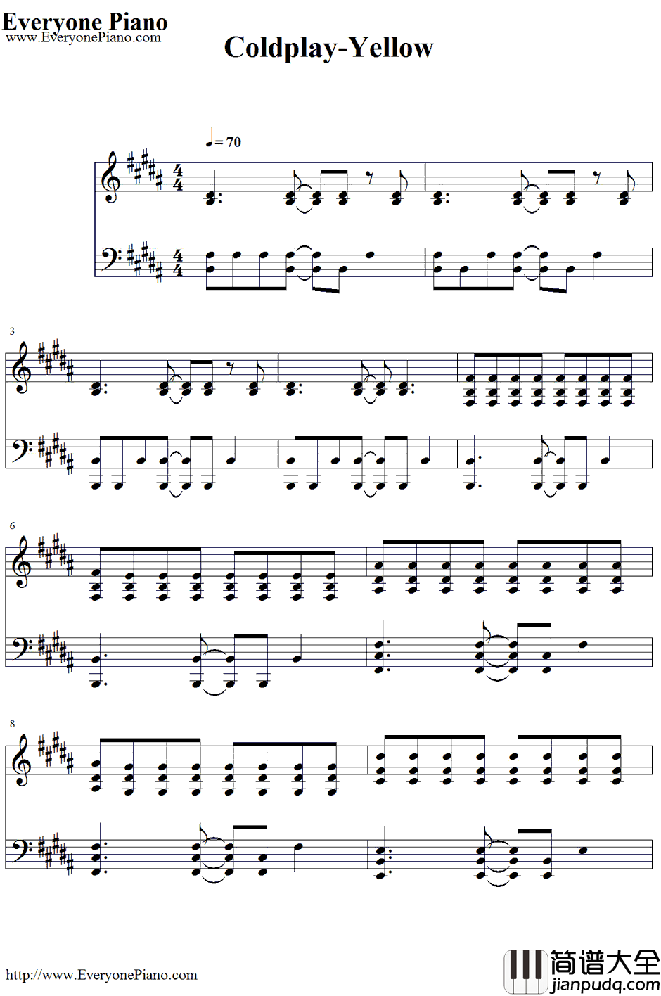 Yellow钢琴谱_Coldplay