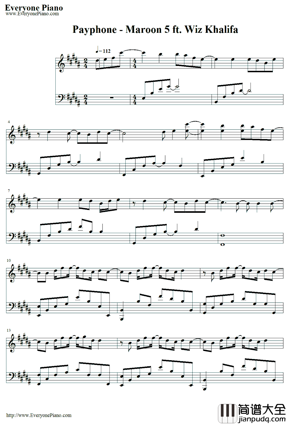 Payphone钢琴谱_Maroon5ft.WizKhalifa