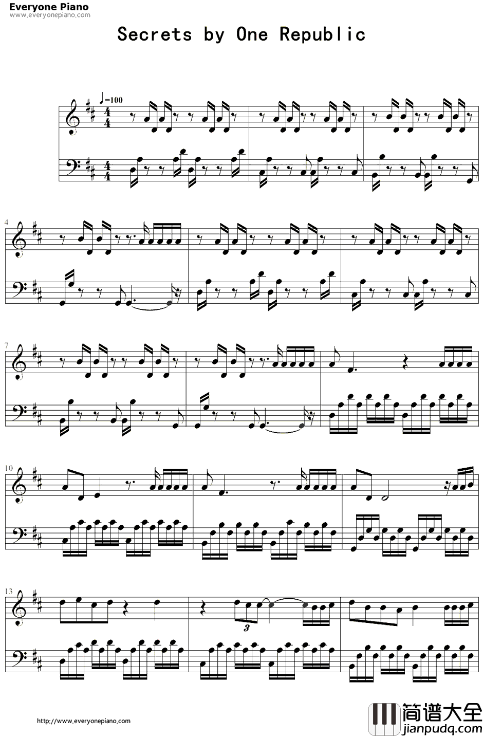 Secrets钢琴谱_OneRepublic_魔法师的学徒主题曲