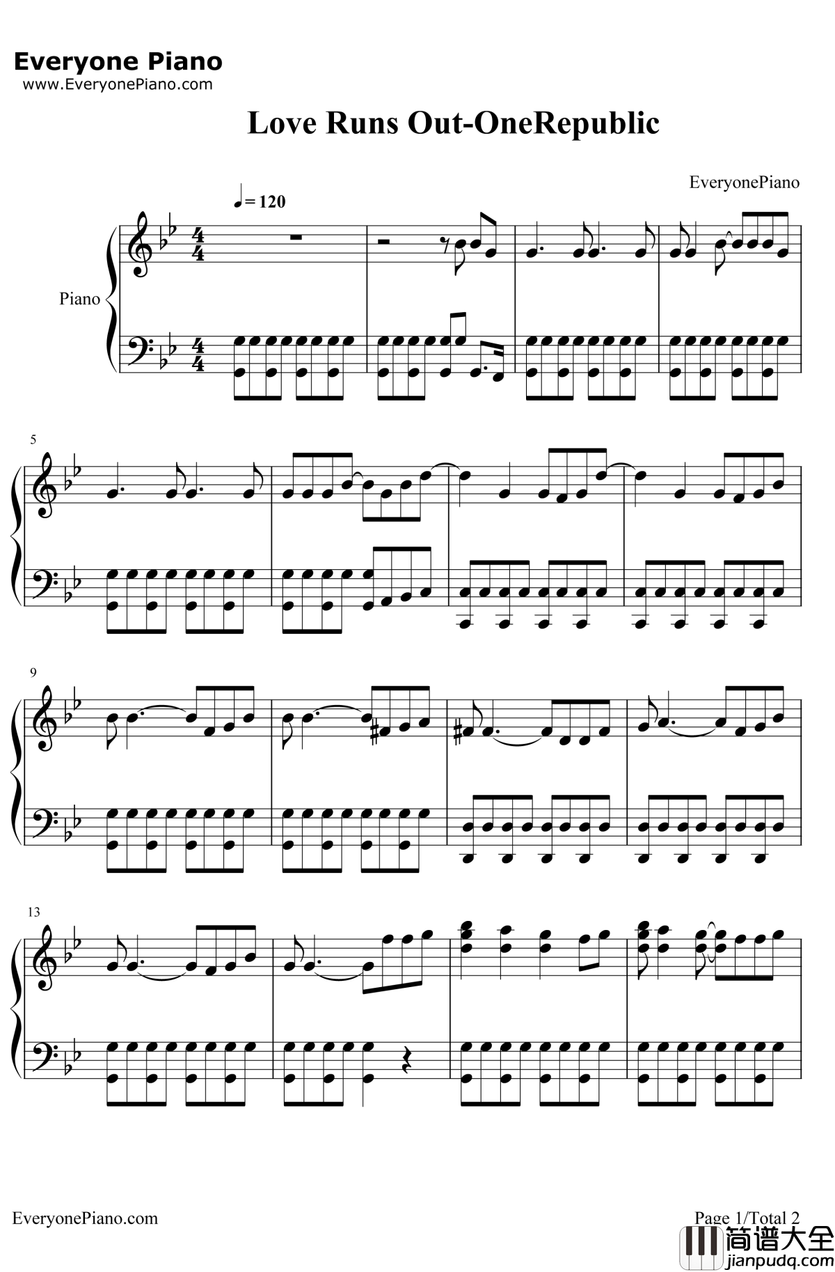 Love_Runs_Out钢琴谱_OneRepublic