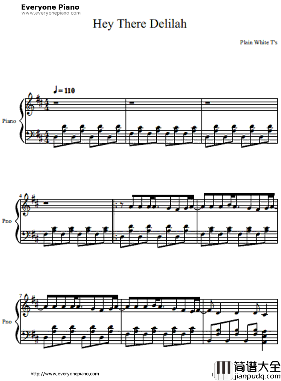 Hey_There_Delilah钢琴谱_PlainWhiteT's