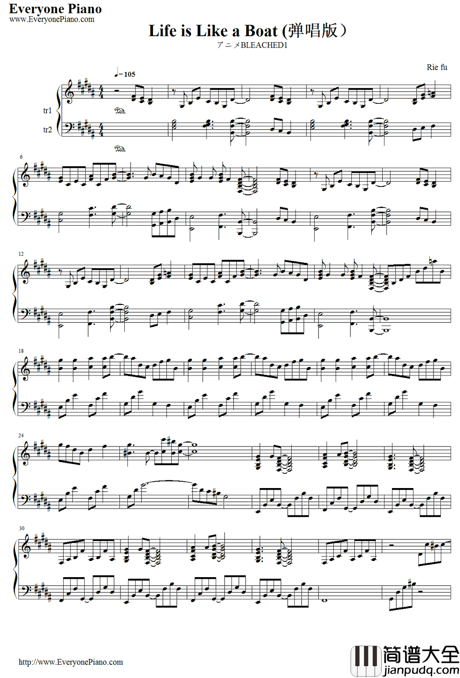 Life_Is_Like_a_Boat钢琴谱_Riefu_生命如舟_BleachED