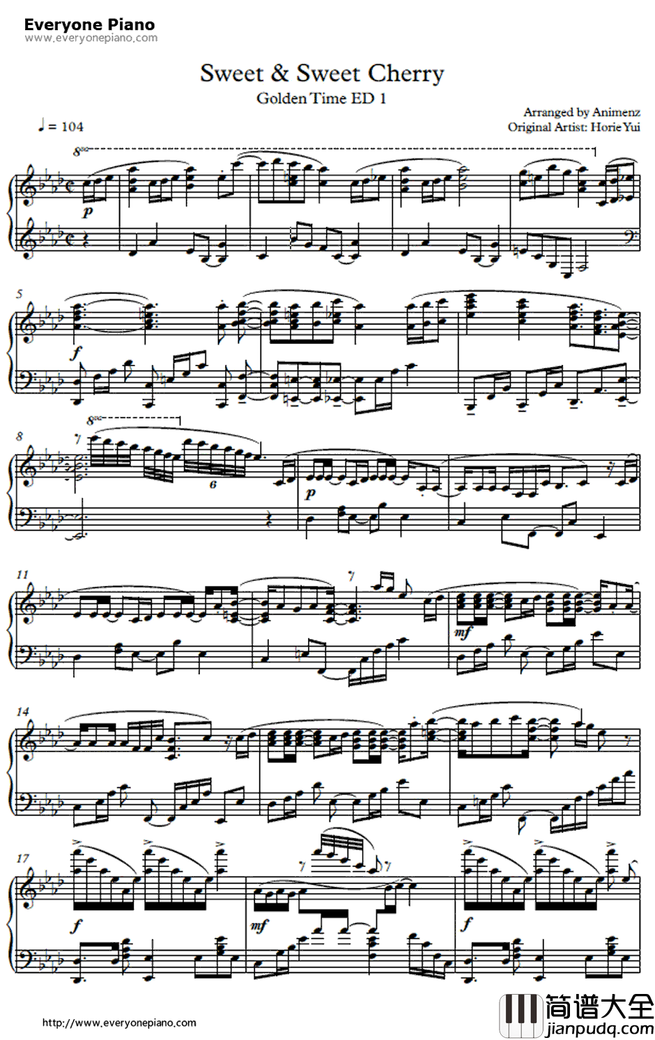 Sweet_&Sweet_Cherry钢琴谱_堀江由衣_青春纪行ED_金色时光ED