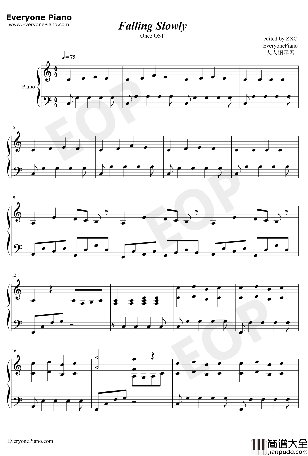 Falling_Slowly钢琴谱_格伦·汉塞德玛可塔·伊尔格洛娃_OnceOST