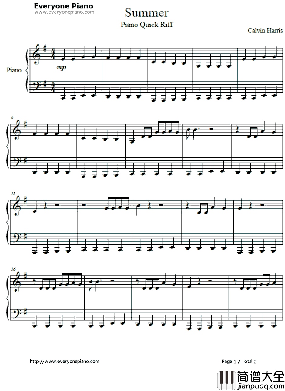 Summer钢琴谱_简单版CalvinHarris